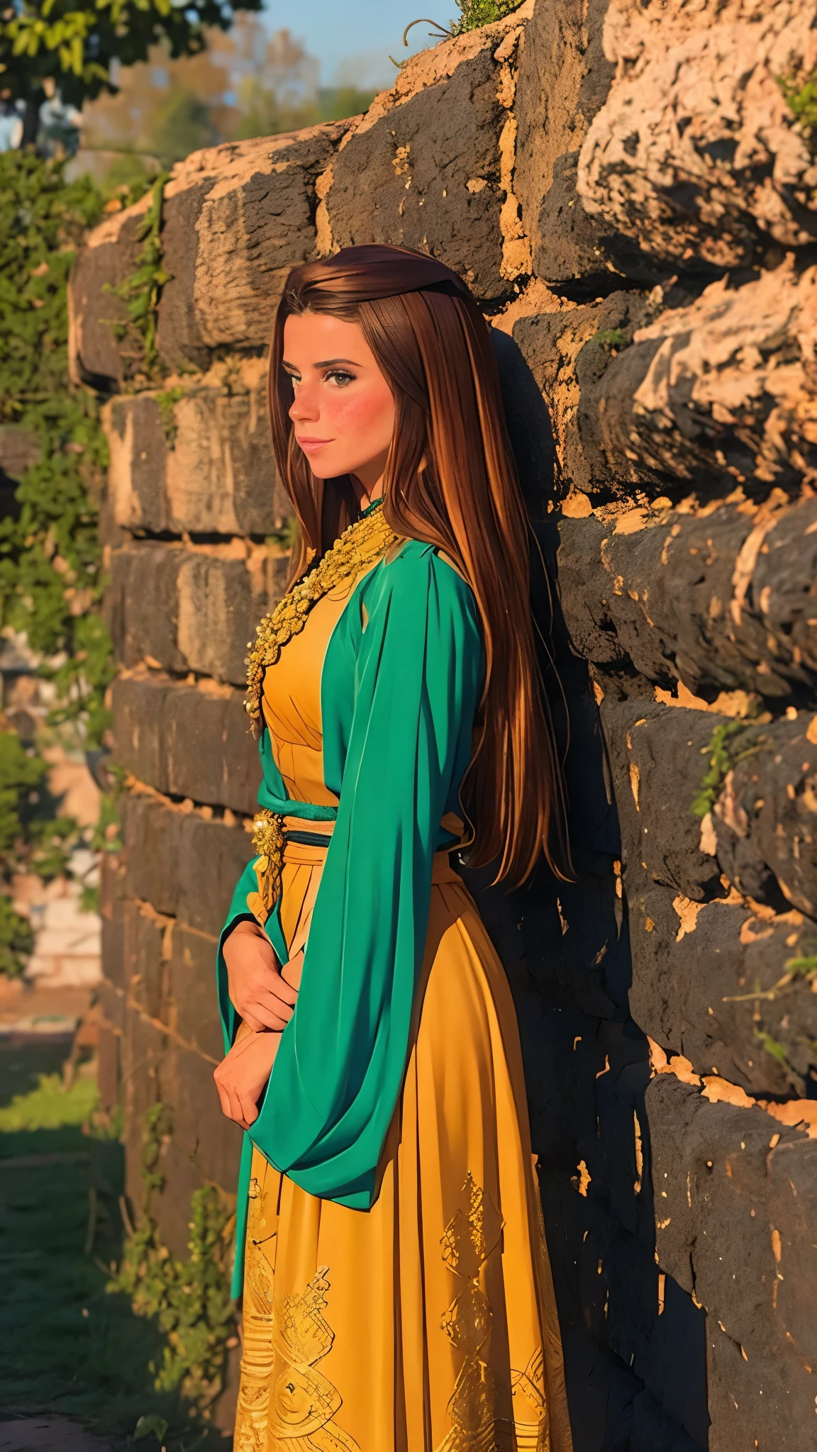 arafed woman in traditional dress standing in front of a wall, an album cover by Echo Chernik, flickr, hurufiyya, wearing elaborate green and gold, traditional costume, traditional clothes, traditional russia, traditional dress, traditional clothing, wearing traditional garb, wearing an ornate outfit, russian costume, kazakh empress, wearing authentic attire, beautiful costume