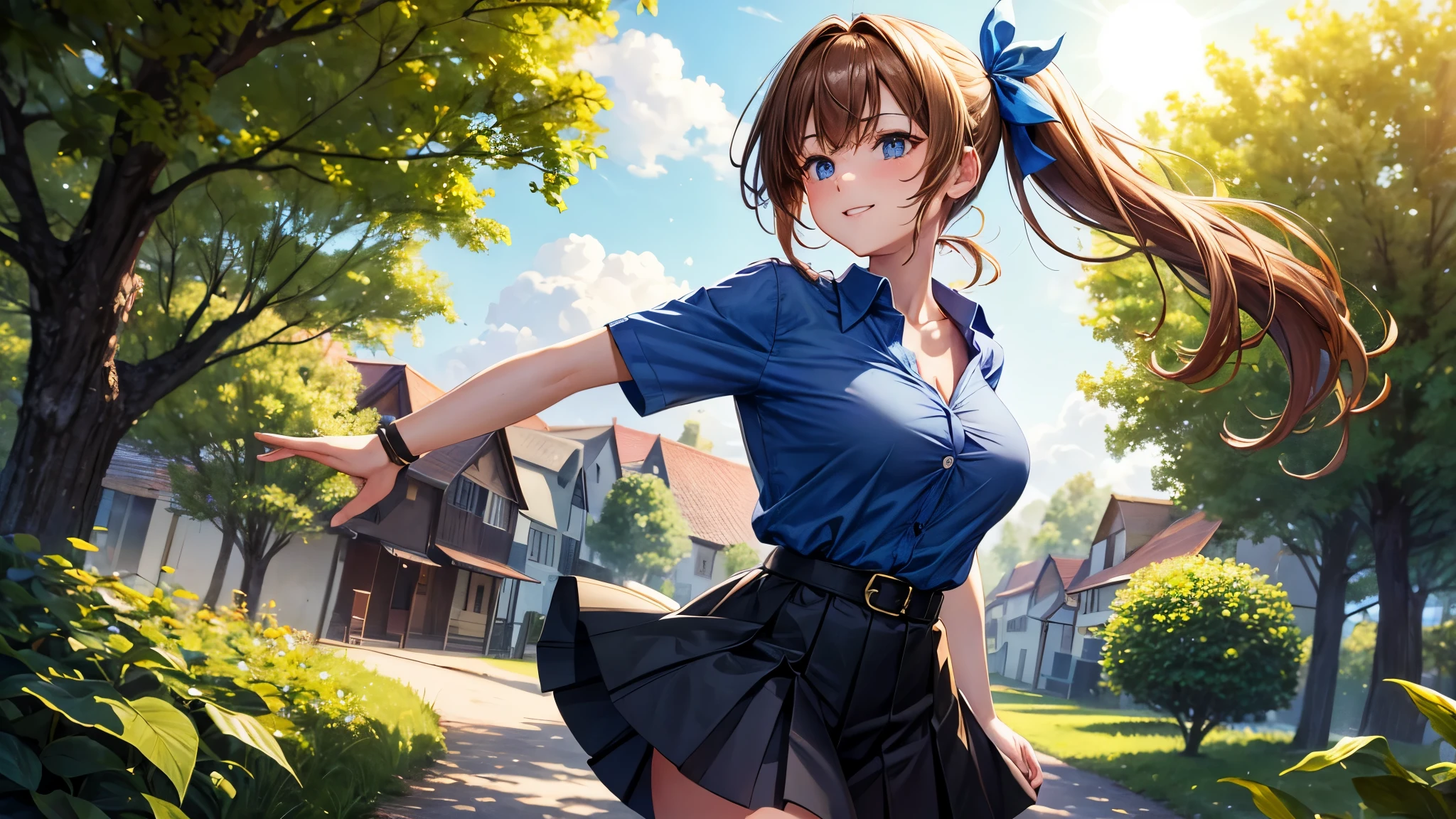 1girl, solo, summer, village, trees, sun, clouds, chestnut hair, side ponytail, large breasts, ((popping shirt buttons)), button down, unbuttoning buttons, dark blue eyes, ((blue shirt)), ((unbuttoned shirt)), ((short sleeved shirt)), cleavage 1:3, black skirt, brown shoes, grin, looking at the viewer, standing, hair ribbon, golden necklate