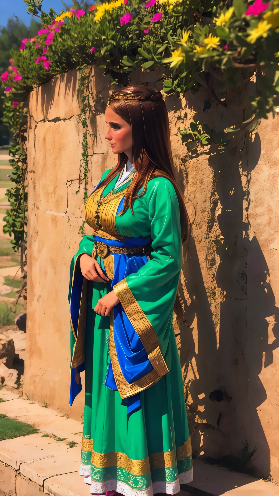 arafed woman in traditional dress standing in front of a wall, wearing elaborate green and gold, traditional costume, traditional clothes, traditional russia, traditional dress, traditional clothing, wearing traditional garb, wearing an ornate outfit, russian costume, kazakh empress, wearing authentic attire, beautiful costume, traditional beauty, wearing ornate clothing, slavic style, ukrainian national costume