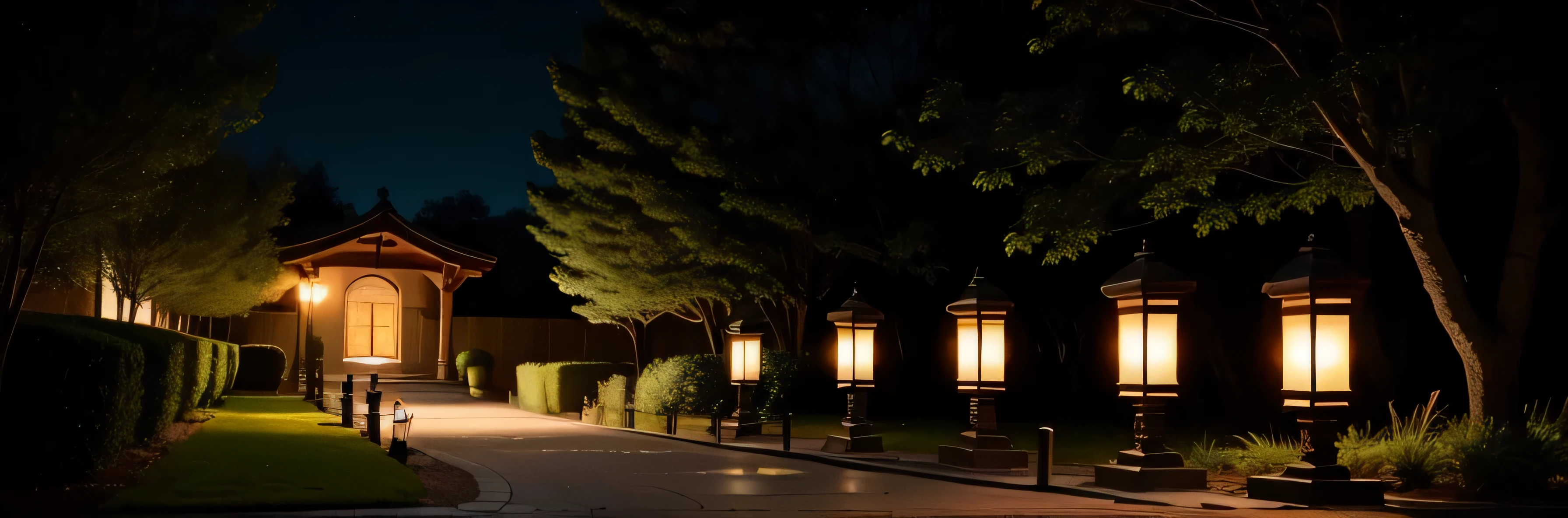 night view of a path with lit lanterns and trees, outside lighting, serene lighting, warm lantern lighting, outside lighting, lanternas noturnas, lamps on ground, LIDERADO, lanternas de rua, soft filtered outside lighting, outside lighting, Lighting at dusk, postes de luz, inspirado em Toshi Yoshida, volumetric outside lighting, brown atmospheric lighting, lanternas de rua glow, lanternas brilhantes