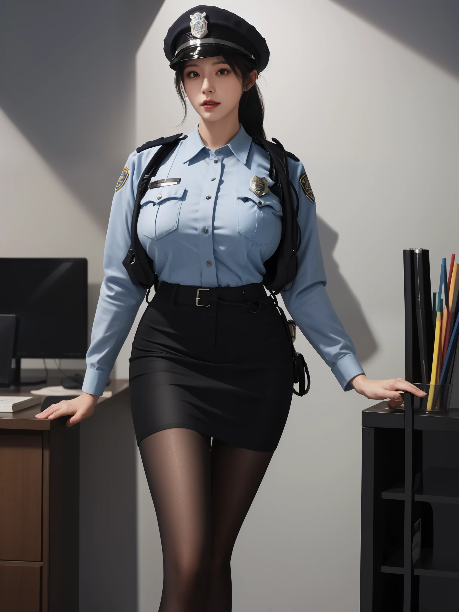 Masterpiece, Best quality, offcial art, Extremely detailed Cg Unity 8K wallpaper, ((Police uniform)), police hat, At the office, Long hair, Single ponytail, Large, Mature woman, Black silk, Pantyhose,(pencil skirts), ero404, ((Long legs)),(Huge breast)
