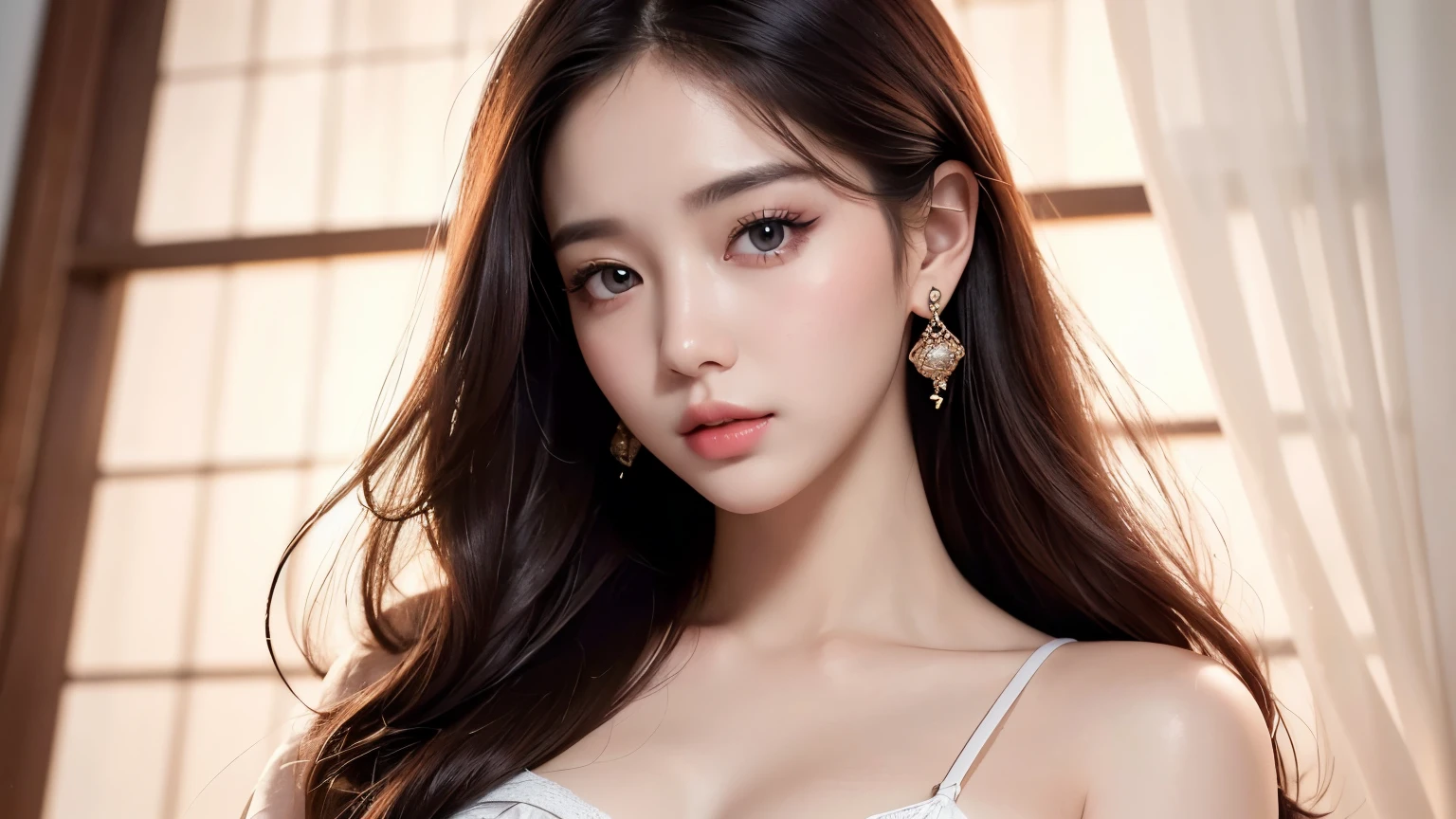 (best quality,4k,8k,highres,masterpiece:1.2),ultra-detailed,beautiful girl,mesmerizing eyes,rosy lips,long flowing hair,flawless complexion,Korean beauty,stylish outfit,trendy fashion,confident posture,vibrant colors,soft lighting,portrait photography, sexy
