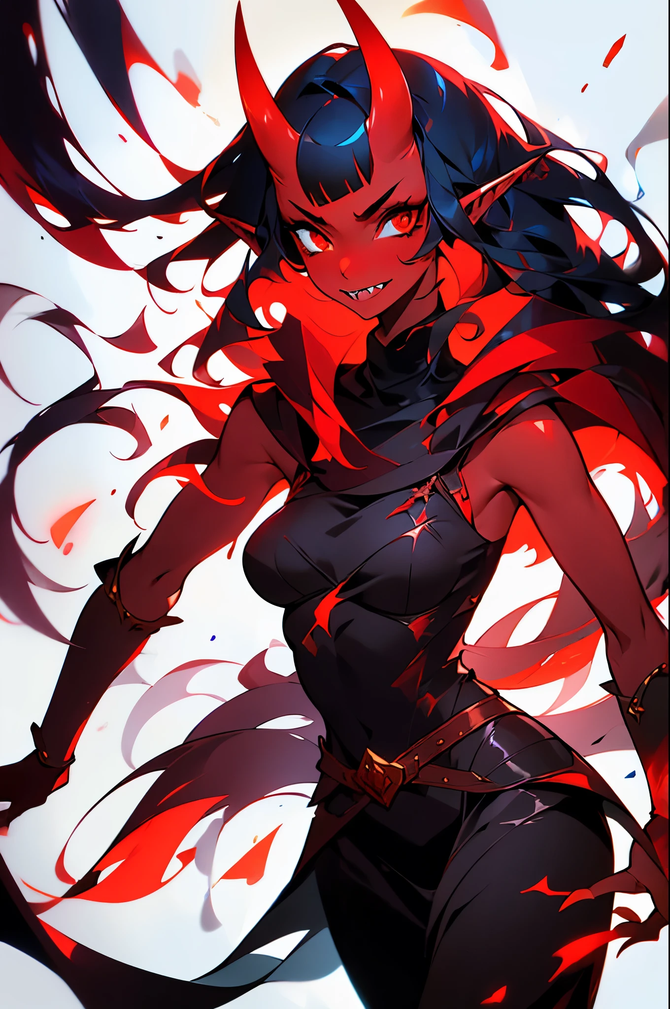 1 mature girl, tiefling, solo, red-skinned girl, red skin, sharp teeth, black hair, long black hair with curtain bangs, elf ears, red eyes, horns on forehead, oni horns, 8k, highdef, ultrares, high quality face, high quality