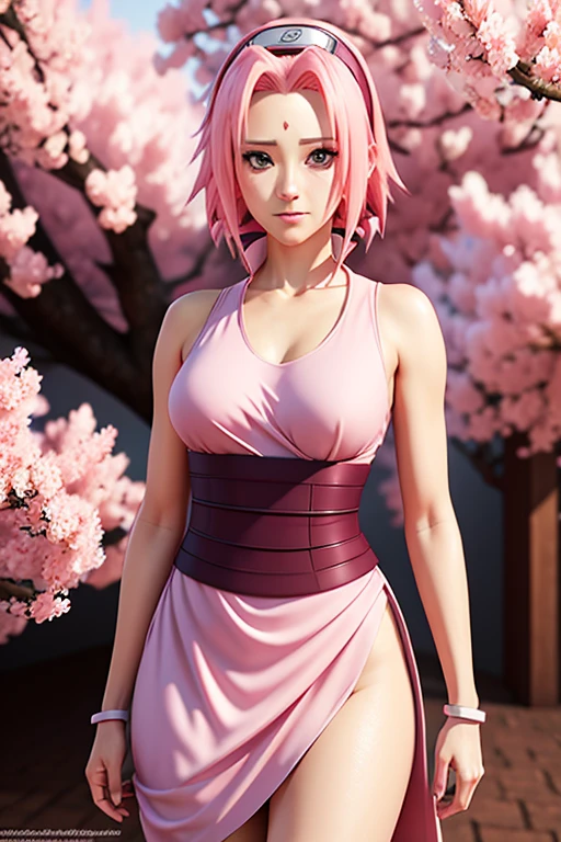 Sakura Haruno from Naruto in spring clothes in a dress half naked with a head protector high detail excellent graphics detailed detailed art anime 3D