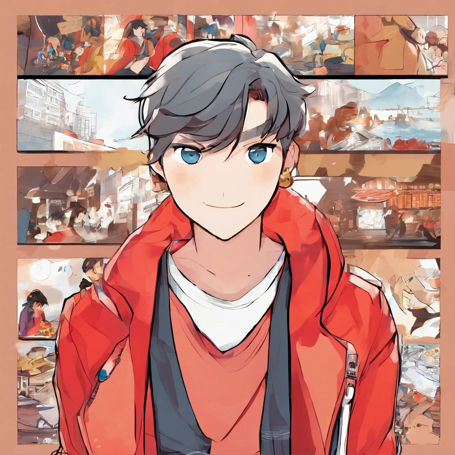 A boy with medium and long black hair，Red large sweatshirt，Super texture，ultra high definition，best quality，Busy streets，Extremely blurry background，Focus on the main character，sunset，Half side face，A gentle breeze ruffles the hair，Loose hair，avatar，Only the face，handsome man，Cool temperament，Clear face lines，male，Hand drawn comic style