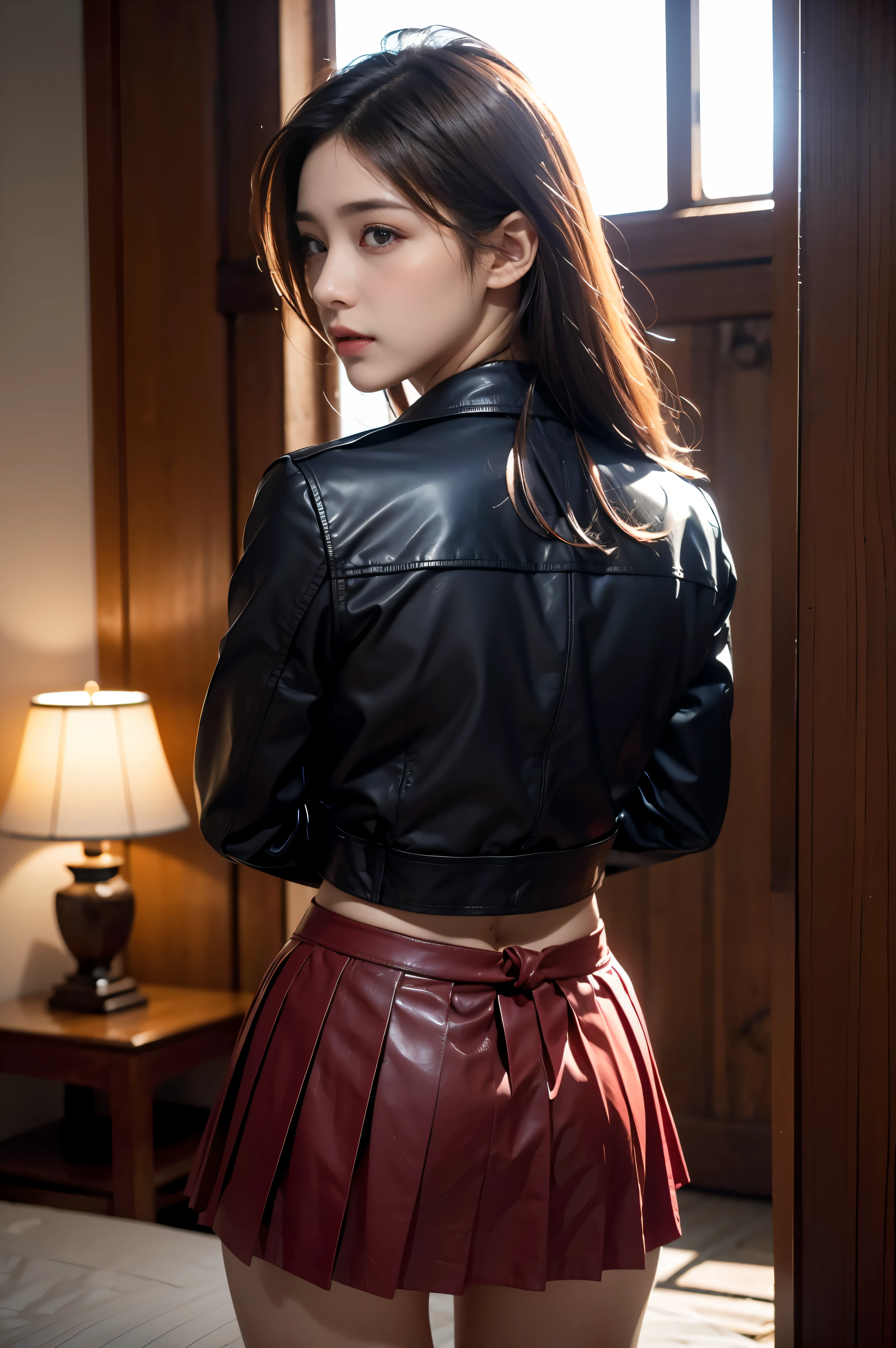 Tabletop, Beautiful woman,、Big Breasts、Put your chest close、cute、(Japanese 、Japanese), (Library Background、mechanical、Bookshelf), ,(((Black leather jacket)))、(((Black Leather Mini Skirt))),(((Black enamel boots)))、garter belt、 (((Ponytail Hair、Brown Hair))), feet, (Skin Texture:1.1), highest quality, 超A high resolution, (Realistic: 1.4), RAW Photos, , Nikon D850 film stock photo, F1.6 lenses, Rich colors, Realistic, Cinestill 800, Backlight, Rim Light, Studio Lighting, Erotic photos, mechanicalの上でかがむ:1.3、Big Ass、Large Breasts、train
