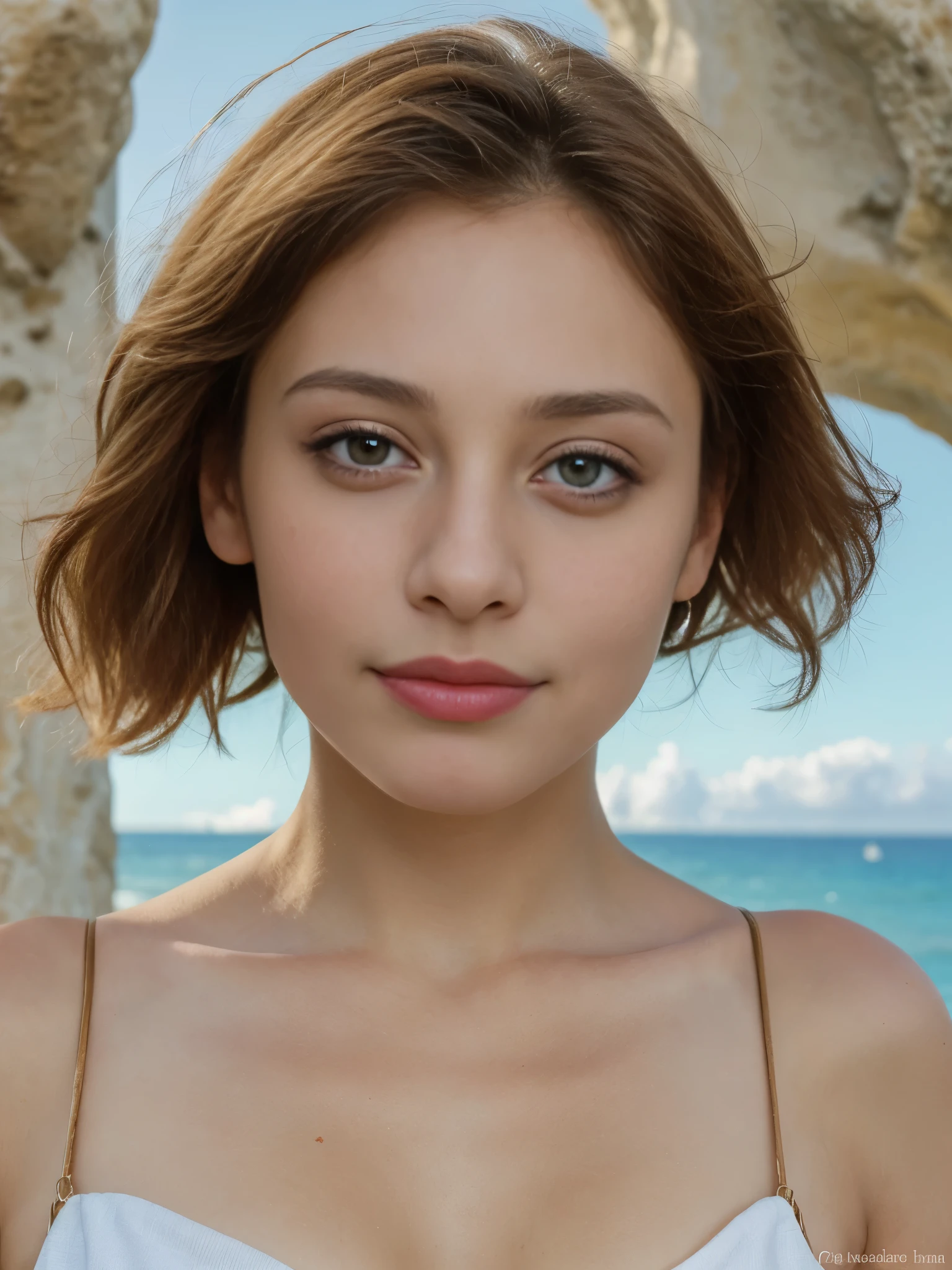 Create a French influencer with incomparable charm, avec des traits délicats et des yeux captivants, looking at the horizon on a work of art representing the sea. Assurez-vous que son visage respire la beauté naturelle et une allure sophistiquée, and every detail, des reflets dans ses yeux à la texture de sa peau, reflects the highest artistic quality.