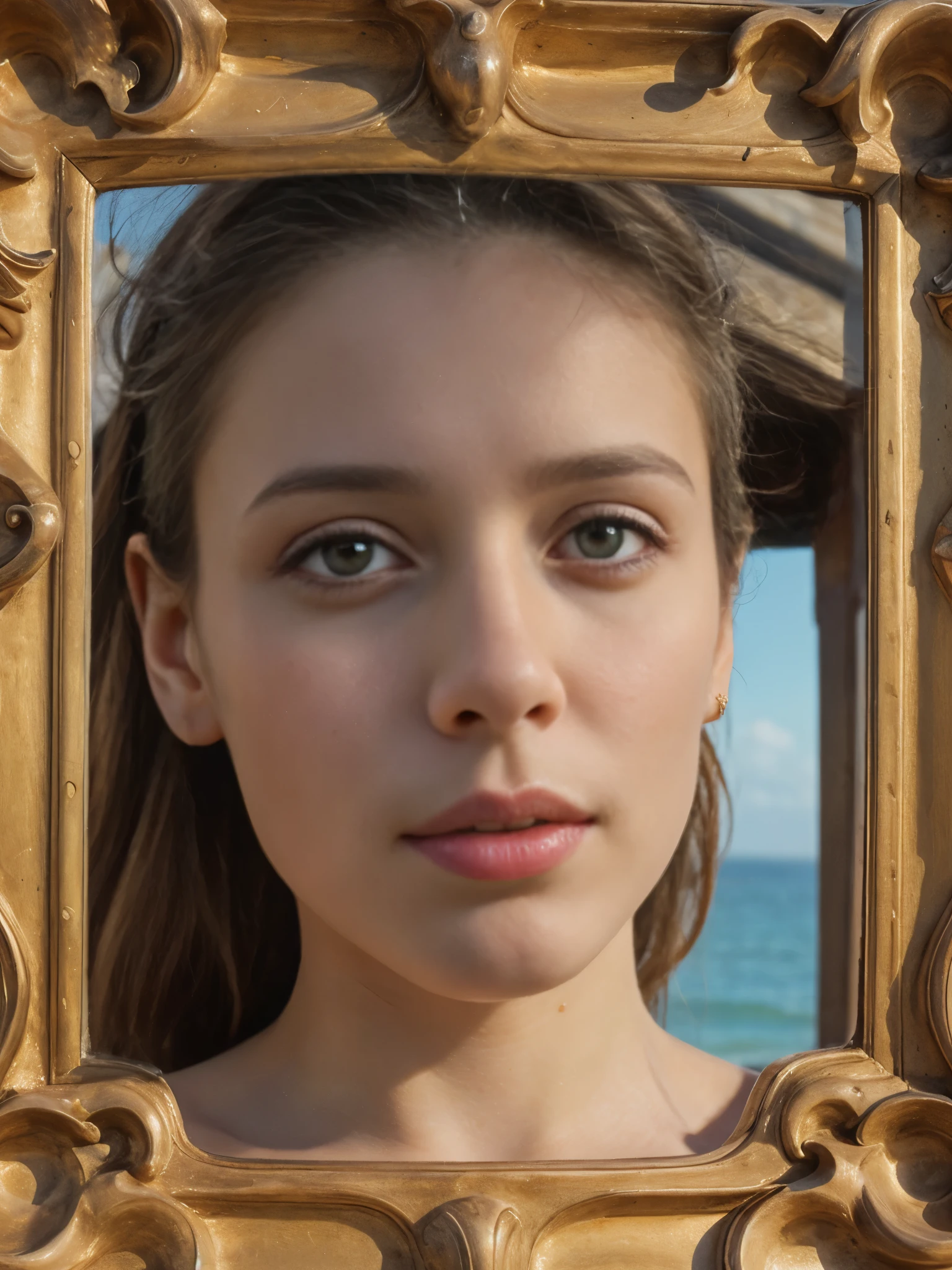 Create a French influencer with incomparable charm, avec des traits délicats et des yeux captivants, looking at the horizon on a work of art representing the sea. Assurez-vous que son visage respire la beauté naturelle et une allure sophistiquée, and every detail, des reflets dans ses yeux à la texture de sa peau, reflects the highest artistic quality.