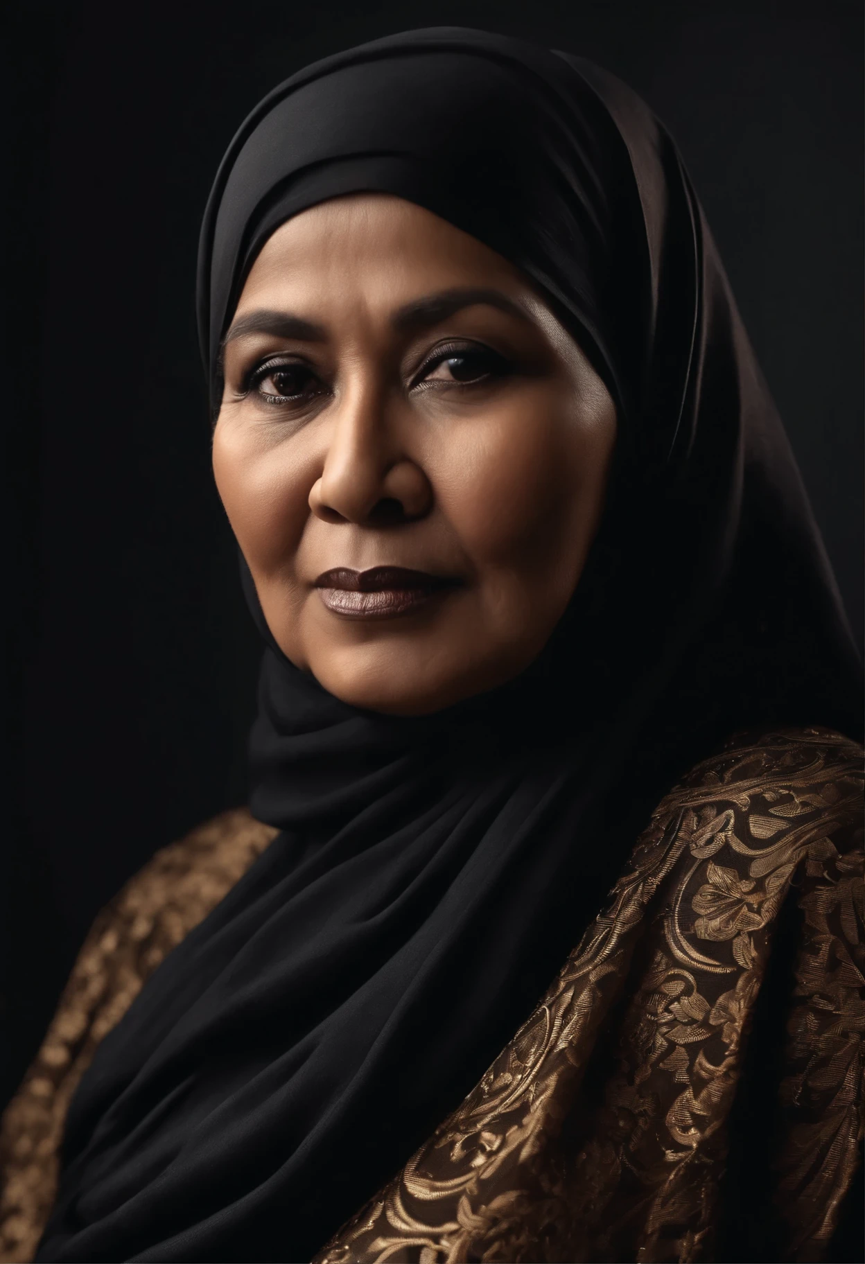 close-up photo of a 50 year old fat Indonesian woman wearing a black hijab and dress. facing forward, wrinkle effect on the face, very realistic, ultra HD, 8K Resolution