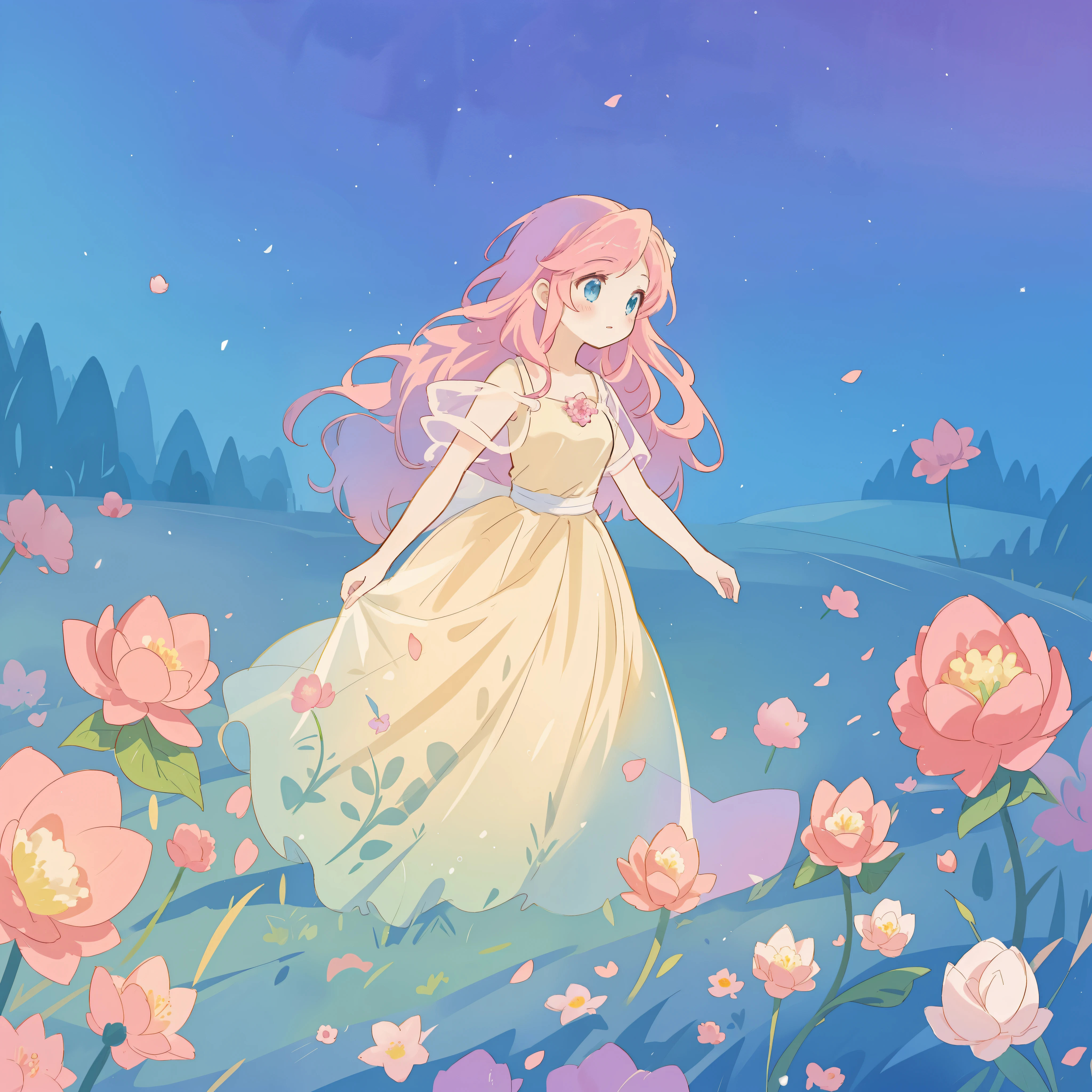 Nice girl in puffy gradient ballgown, a field of round pink flowers, jenseitige Blumen, skurrile Landschaft, long pink flowing hair, Aquarell-Illustration, inspired von Glen Keane, inspired von Lois van Baarle, Disney-Kunststil, von Lois van Baarle, von Glen Keane, jen bartel, Digitale Zeichnung, Nice digital illustration, Fantasie jenseitige Landschaft Pflanzen Blumen, Nice, Meisterwerk, best quality, Anime-Disney-Stil