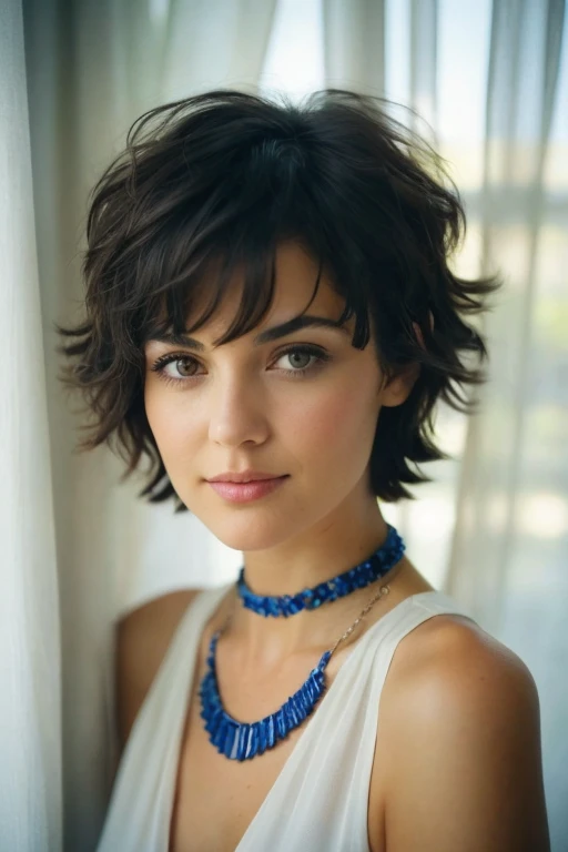 a close up of a woman with a necklace and a necklace, short dark hair, natural short hair, short hair style, short wavy hair, short messy hair, wavy short hair, short black hair, messy short hair, wavy and short top hair, black short hair, short hair, shag hair, black hair in a rough shag, short haircut