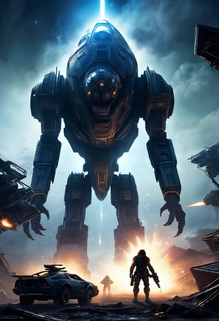 Chewbacca and an alien,illustration,detailed fur,Celestial mechanical device,foggy atmosphere,naturalistic background,best quality,ultra-detailed,realistic,sci-fi,moody lighting,bluish color tones,alien creature,sharp focus,starship wreckage,ominous mood,wild and menacing,Chewbacca towering over the alien,impressive physical strength,glowing eyes,colossal silhouette,twisted metal,sparkling stars,laser weapons firing,highly detailed spaceship,explosions,action-packed scene,fierce battle,intergalactic conflict,narrow escape,thrilling combat,smoke and debris,metallic clangs and roars,suspenseful energy