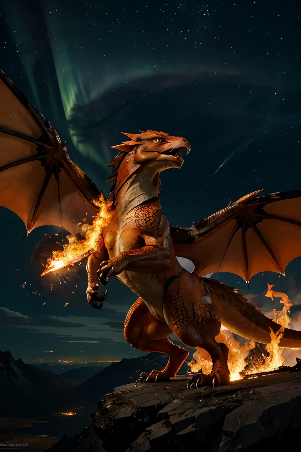 pokemon,Charizard,side view,3D,illustration,ultra-realistic,fiery orange and red hues,detail-packed wings,sharp talons,ferocious expression,strong muscles,dynamic pose,vibrant colors,fierce-looking eyes,smoke and flames surrounding,impressive scale and texture,highly-detailed scales,aggressive posture,swooping through the sky,imposing presence,blazing tail,roaring flames,aurora borealis in the background,striking contrast between the dragon and the sky,evokes a sense of power and majesty.