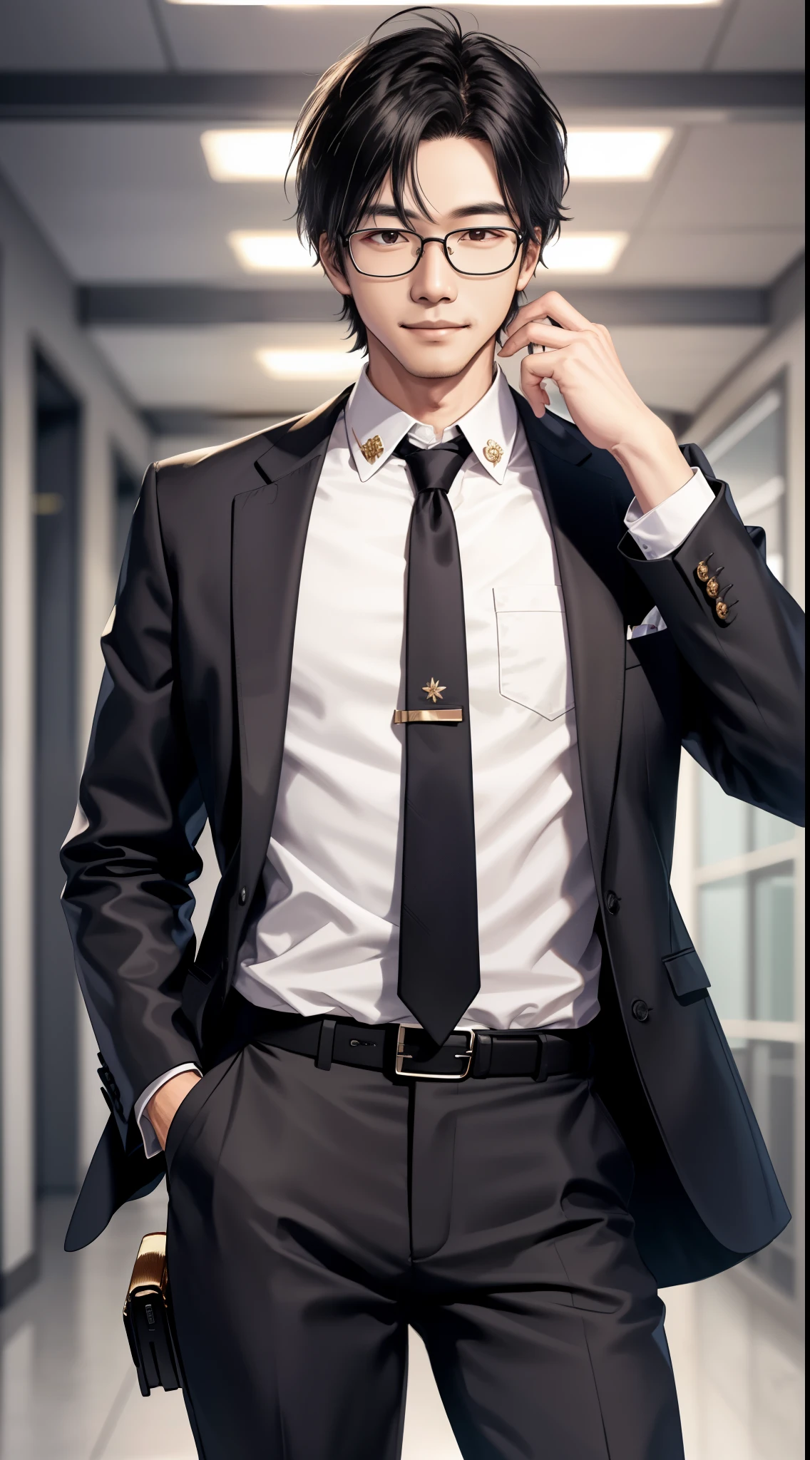 highest quality, 8k, don&#39;t let your fingers slip, 1 boy, good looking, Office Sporty,Businessman, bodice, Japanese,black suit, black hair, Glasses, smile, No tooth leakage, KDA, alone,