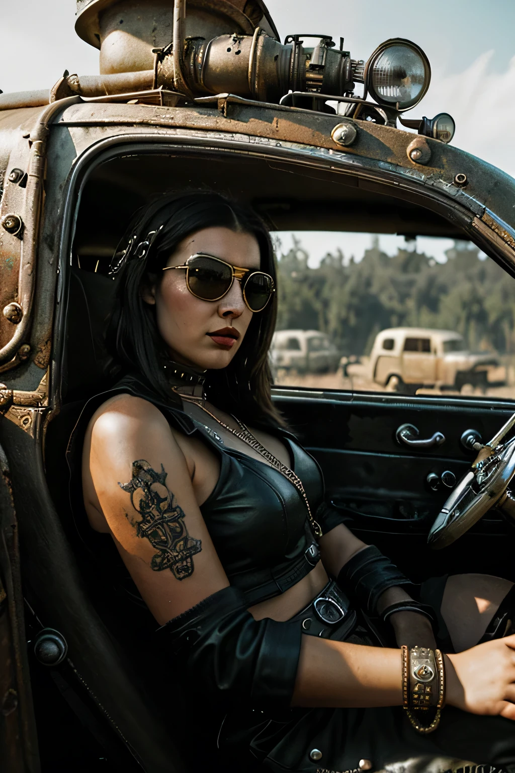 faithful image of an old rusty 1955 cadilac eldorado with spikes and spikes on the hood, the paint is shiny and reflects sunlight, tem rodas off-road grandes e largas , the front of the car is sinister and bad, there are crucifixes adorned throughout the car, military style with modifications, carro steampunk, dramatic art, estilo de arte dieselpunk, apocalyptic road warrior vibe, a beautiful girl wearing sunglasses is inside the car, the girl has her arm out of the car window, Arte digital surreal, Mad Max inspirado, heavy metallic artwork, simetria da face cromada, arte Steampunk digital, It&#39;s not the Mad Max style, metallic art, It&#39;s not Filip Hodas&#39; art style, arte digital steampunk, dieselpunk, em um mundo hightech
