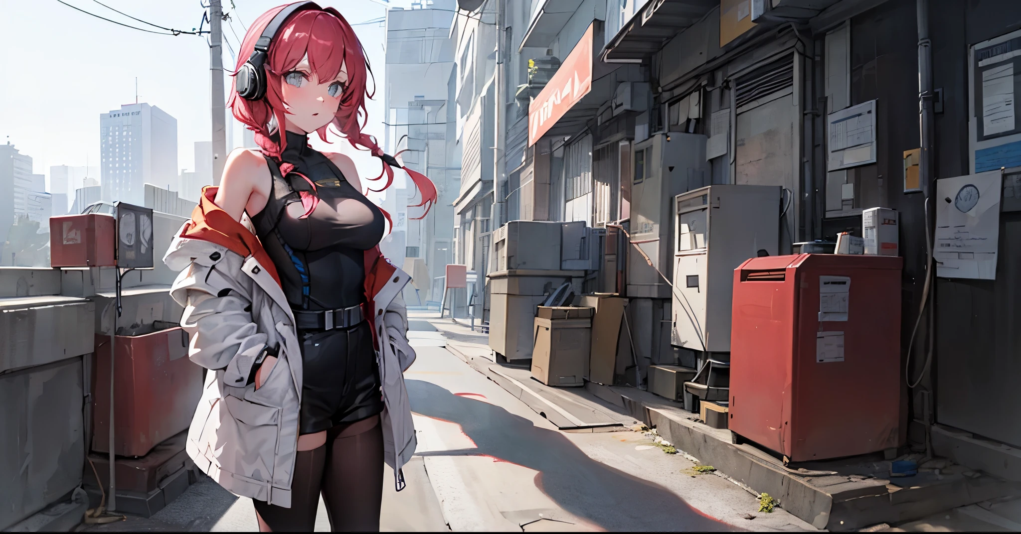 1girl, solo, medium shot, long hair, breasts, looking at viewer, bangs, blue eyes, bare shoulders, big breasts, standing, jacket, pink hair, braid, red hair, off shoulder, bottomless, headphones, hair over shoulder, headset, hands in pockets, naked jacket, cyberpunk, city, neon, road, bilding, bildings