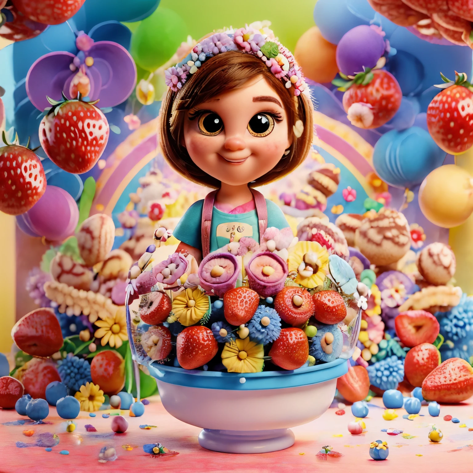 Highly detailed cartoon pixar style of happy face yellow eyes scottish fold cat wearing blue tshirt and blue short lick an strawberry ice cream at freezer supermarket, high quality, detailed fur, vibrant colors, whimsical, cute, pastel tones, dessert-themed, joyful atmosphere, soft lighting
