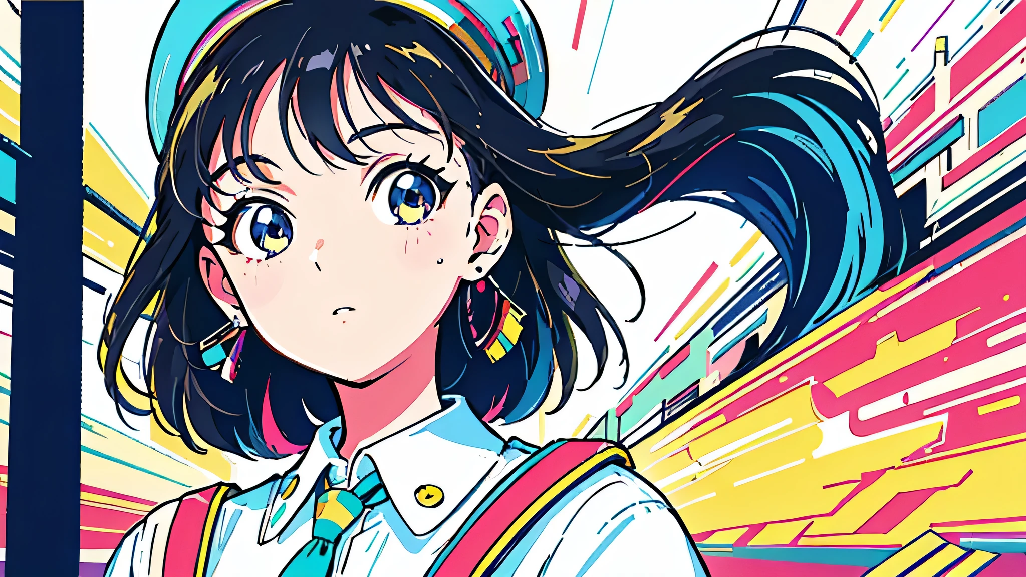 (flat color:0.9),(colorful:1.1),(masterpiece:1,2),retro,city pop, best quality, masterpiece, highres, original, extremely detailed wallpaper, looking at viewer,,,1girl,solo,Girl,Portrait