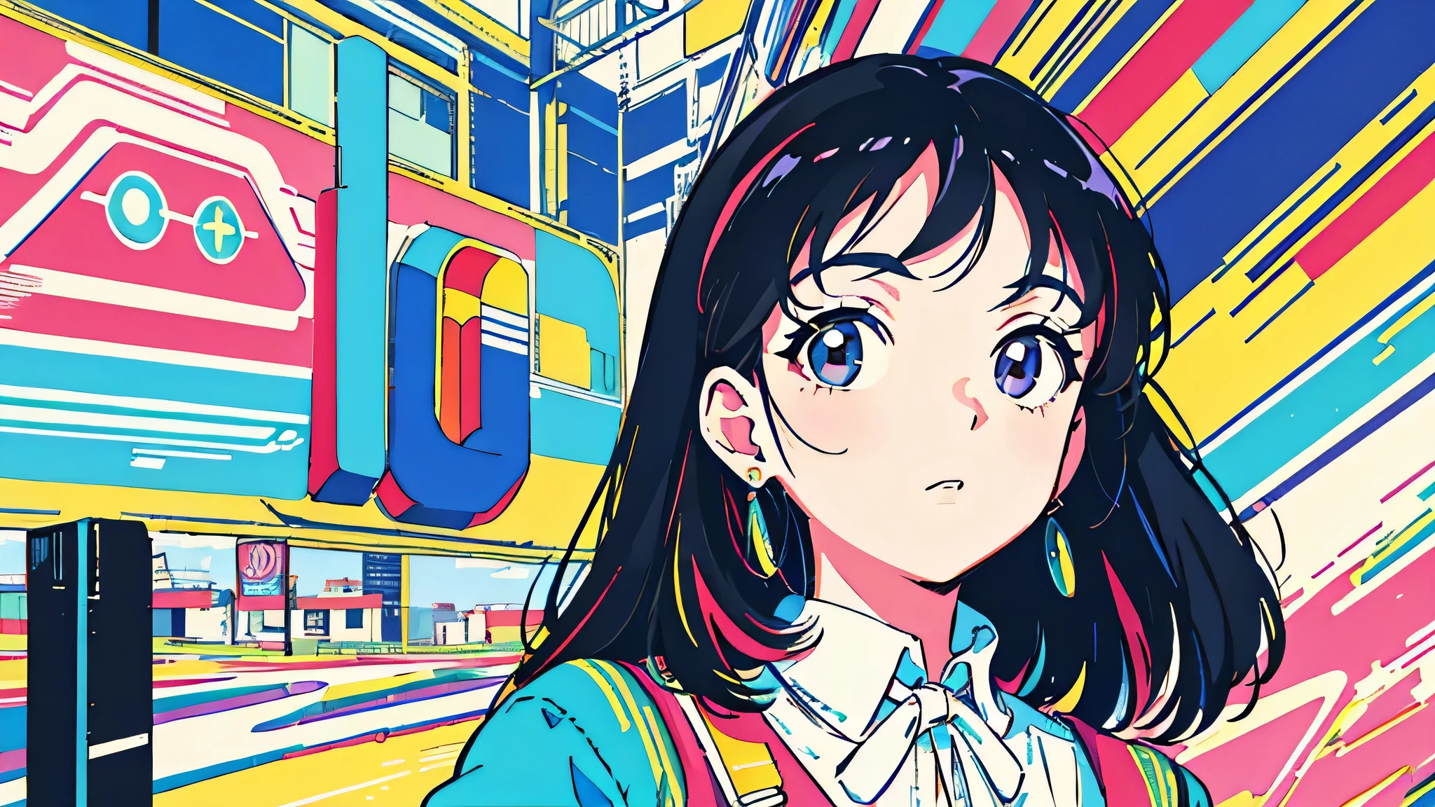 (flat color:0.9),(colorful:1.1),(masterpiece:1,2),retro,city pop, best quality, masterpiece, highres, original, extremely detailed wallpaper, looking at viewer,,,1girl,solo,Girl,Portrait