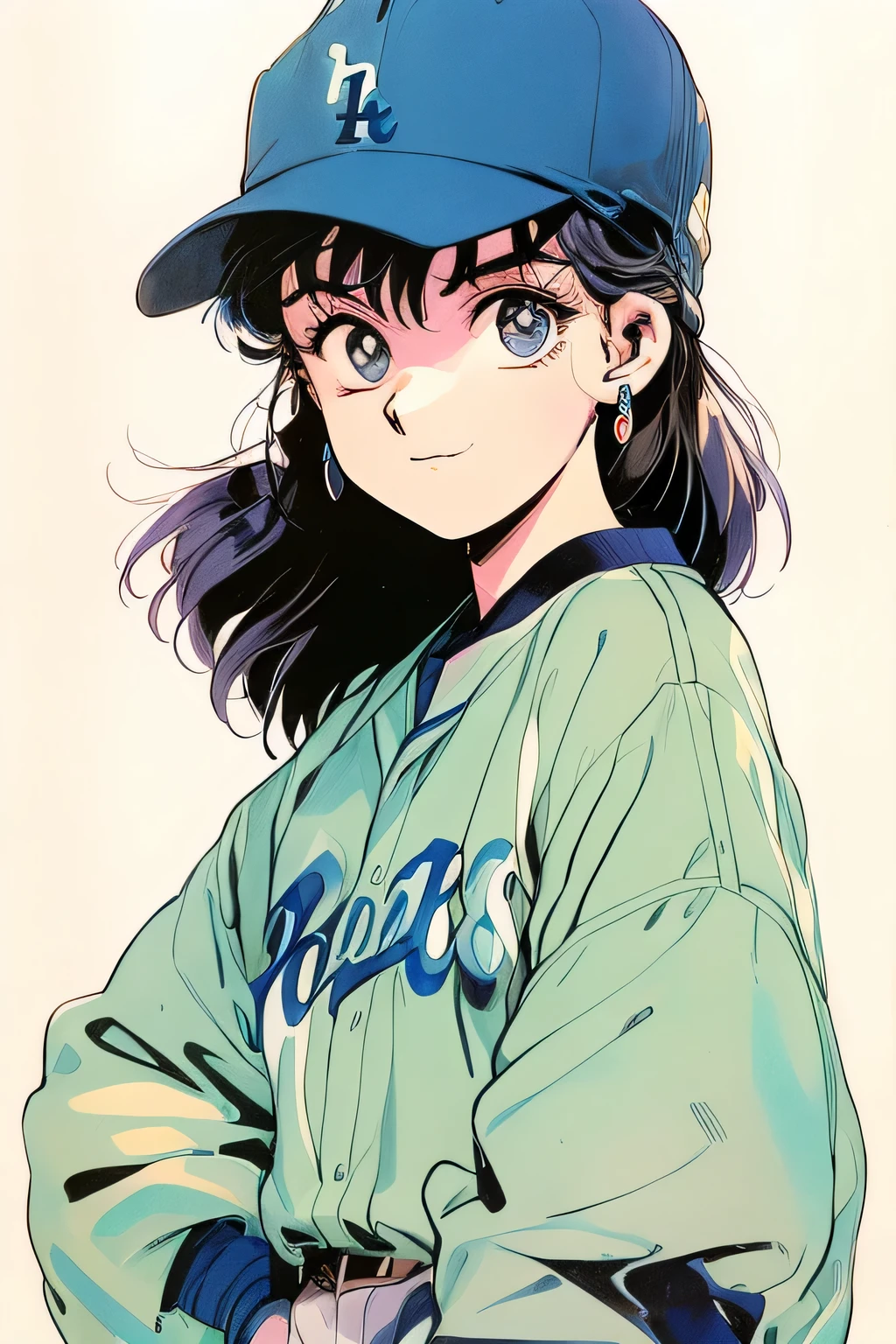 girl1name、A cartoon baseball player wearing a Dodgers uniform and Dodgers hat poses for a photo, marin kitagawa fanart, by Naoko Takeuchi, Inspired by Naoko Takeuchi, kentaro miura'manga art style, 80'anime art style, shinsui ito, 90anime art style, kentaro miura'Manga style, Written by Yumehiko Amano