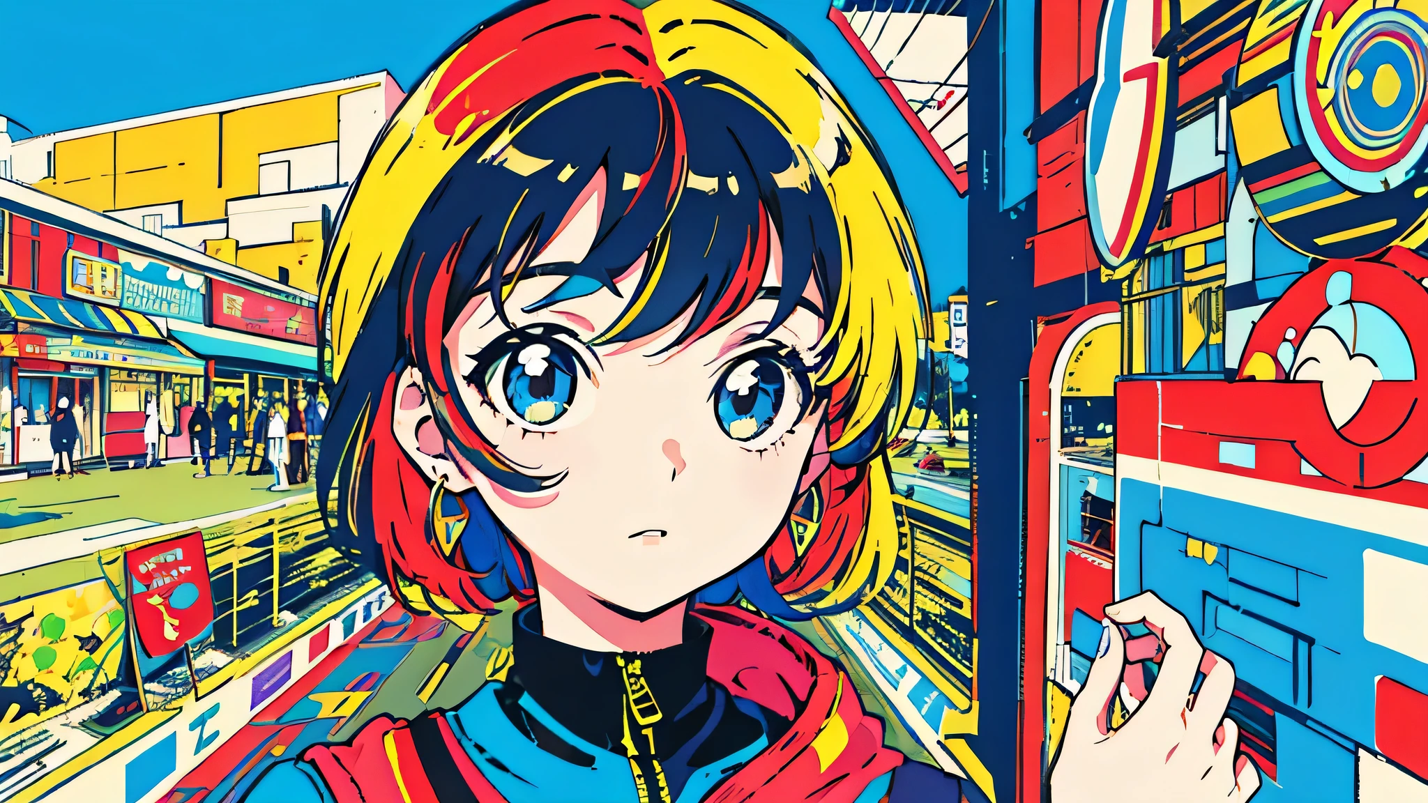 drawing of a woman in a yellow bikini next to a traffic light, some red and purple and yellow, some red and yellow, inspired by Tadanori Yokoo, digital art. colorful comic, [ digital art ]!!, [ conceptual art ]!!, colored sketch anime manga panel, biomechanical oppai, comic digital art, digital art!!, lowres