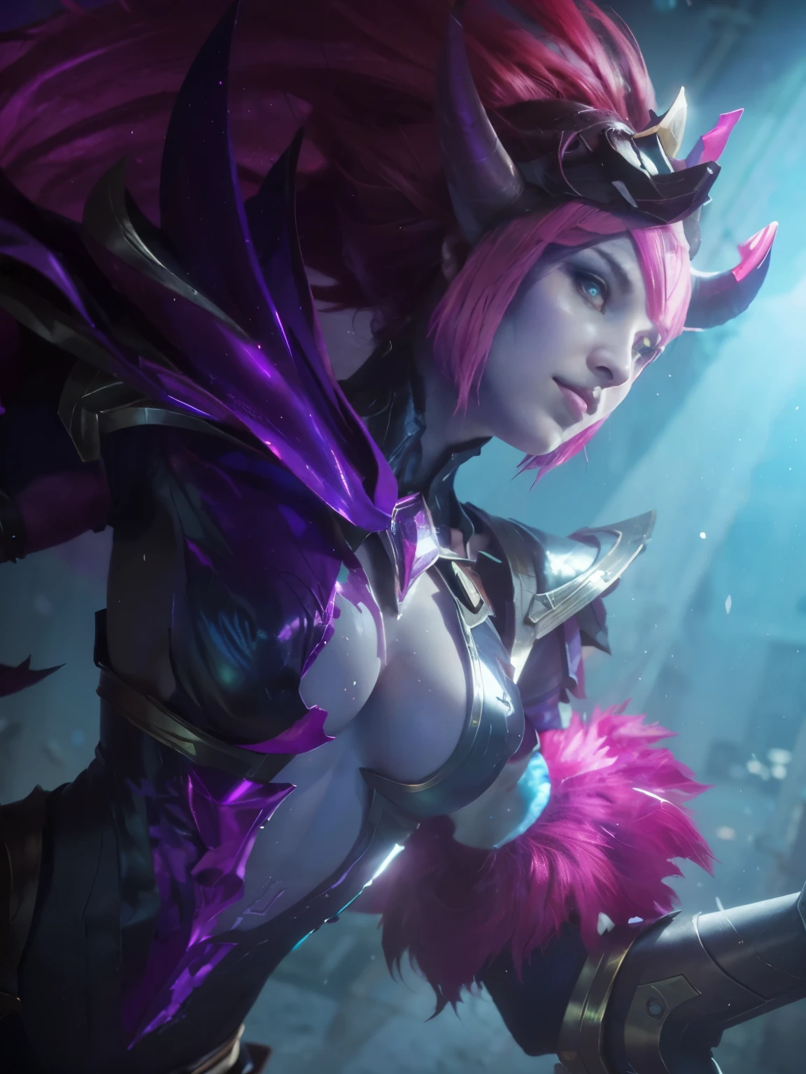 Extremely realistic, Ultra detailed, Make a this realistis, ((8K, Raw, Photography realistic:1.25)), epic skin, a close up of a woman with a sword in a dark room, perfect face, hyper realistic face, hyper realistic body, ultra detailed body, sexy, sensual body, big breast, horns, purple horns, purple gems, purple diamonds, purple gems, demon, leblanc, league of legends splash art, league of legends character art, league of legends art, fuchsia skin below the armor, league of legends concept art, morgana from league of legends, league of legends character, fuchsia skin beneath the armor, from league of legends, league of legends, hyper realistic skin, hyper realistic armor, ultra detailed for all, clean from splashes, hyper realistic shadow, hyper realistic lighting, professional photography.