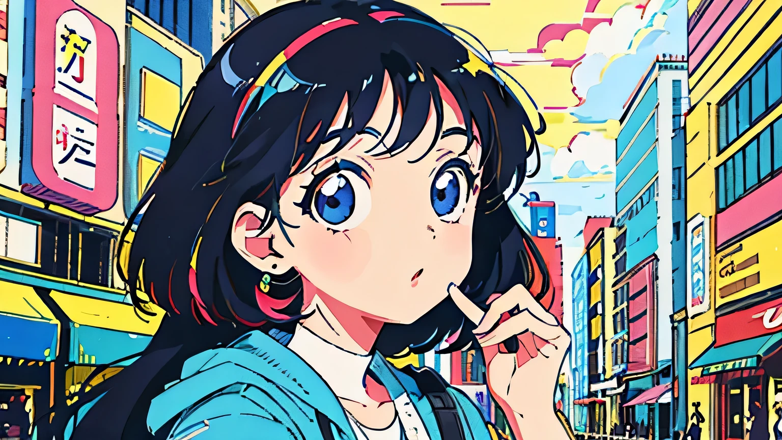 (flat color:0.9),(colorful:1.1),(masterpiece:1,2),retro,city pop, best quality, masterpiece, highres, original, extremely detailed wallpaper, looking at viewer,,,1girl,solo,Girl,Portrait