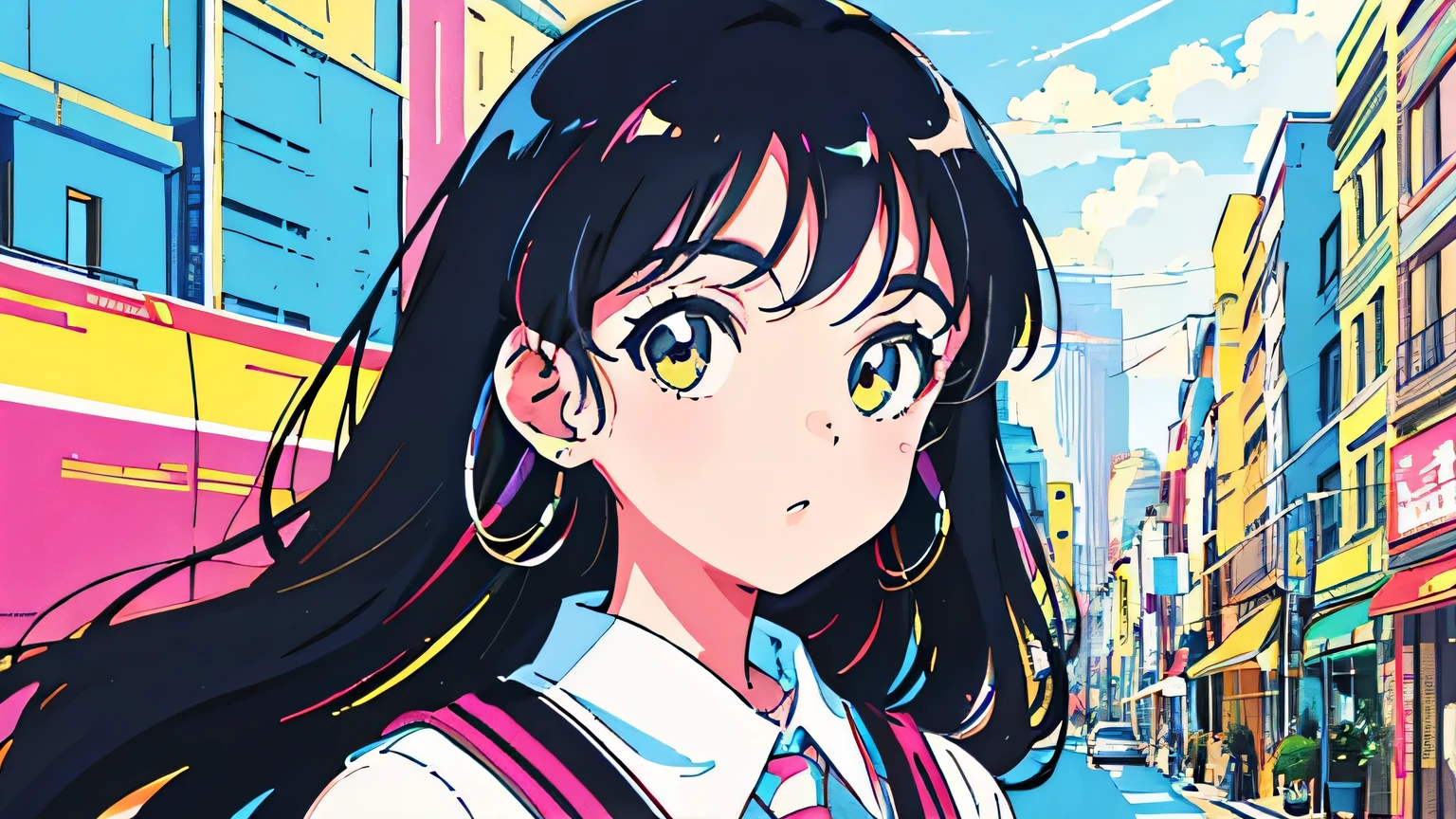 (flat color:0.9),(colorful:1.1),(masterpiece:1,2),retro,city pop, best quality, masterpiece, highres, original, extremely detailed wallpaper, looking at viewer,,,1girl,solo,Girl,Portrait