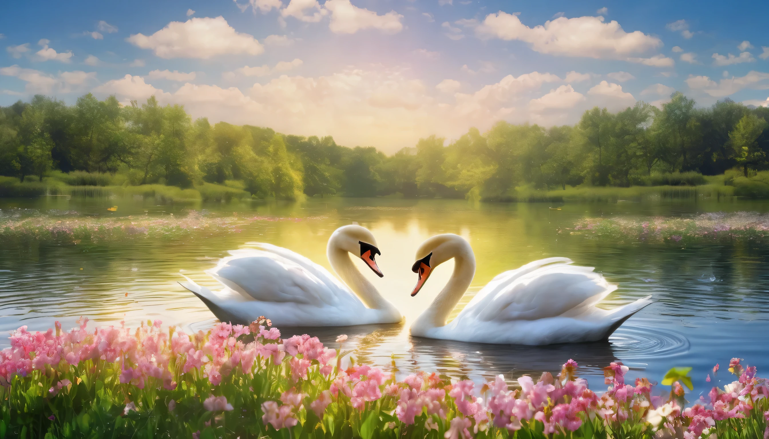 a pair of swans swimming on the lake, spring lake surrounded by blooming flowers, pair of swans forming a heart shape, spring lake, sparkling sunlight,UHD,(Best Quality),(Masterpiece Photos), (Details:1.4),(8k Highly Detailed)(Best Quality),(Best Shading)