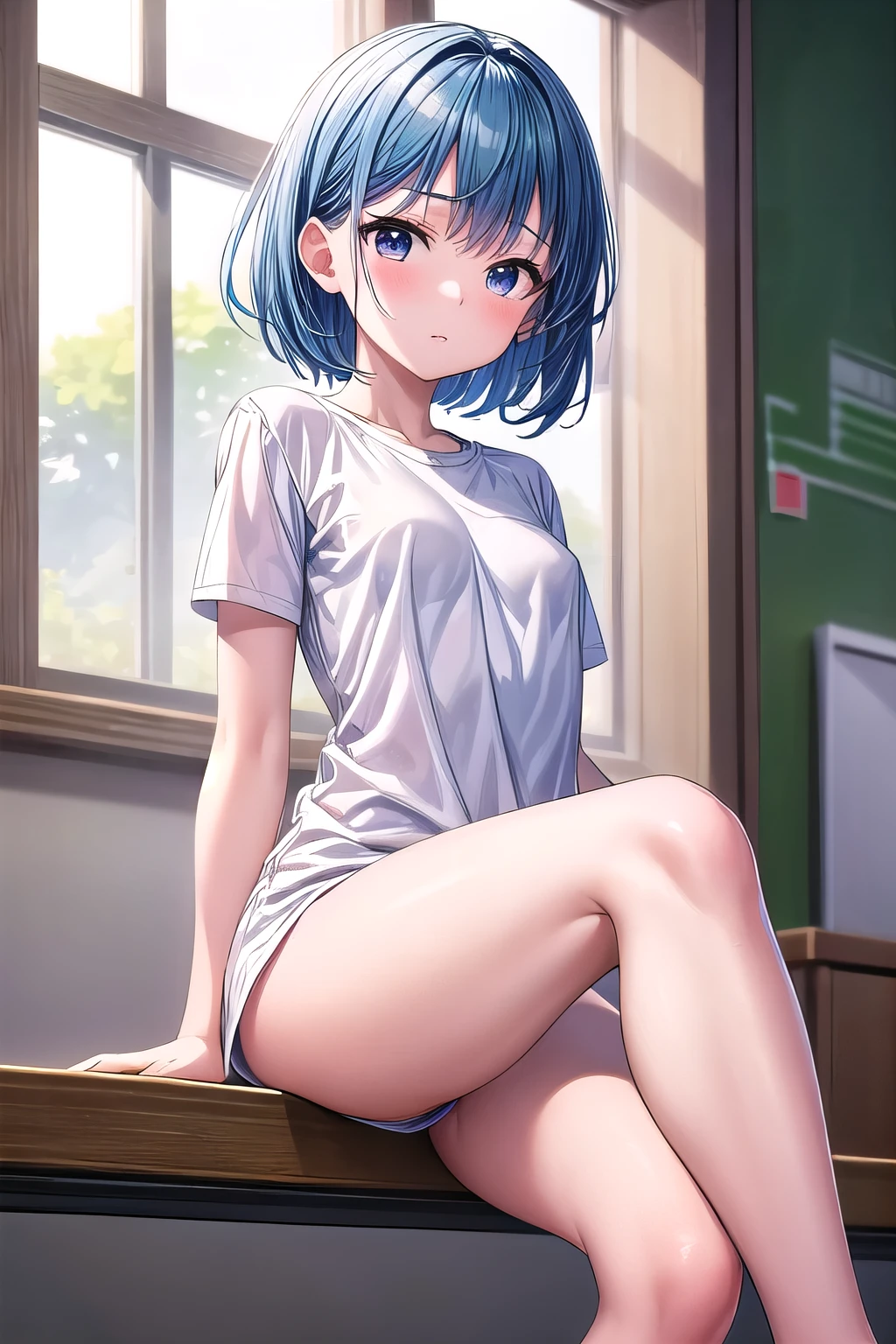 masterpiece, best quality, highres, absurdres, 8k, 4k, official art, 1girl, young girl, bright blue hair, short hair, sitting, small white t-shirt, small white pajamas, small breasts, high school girl, facing viewer, skinny thighs.