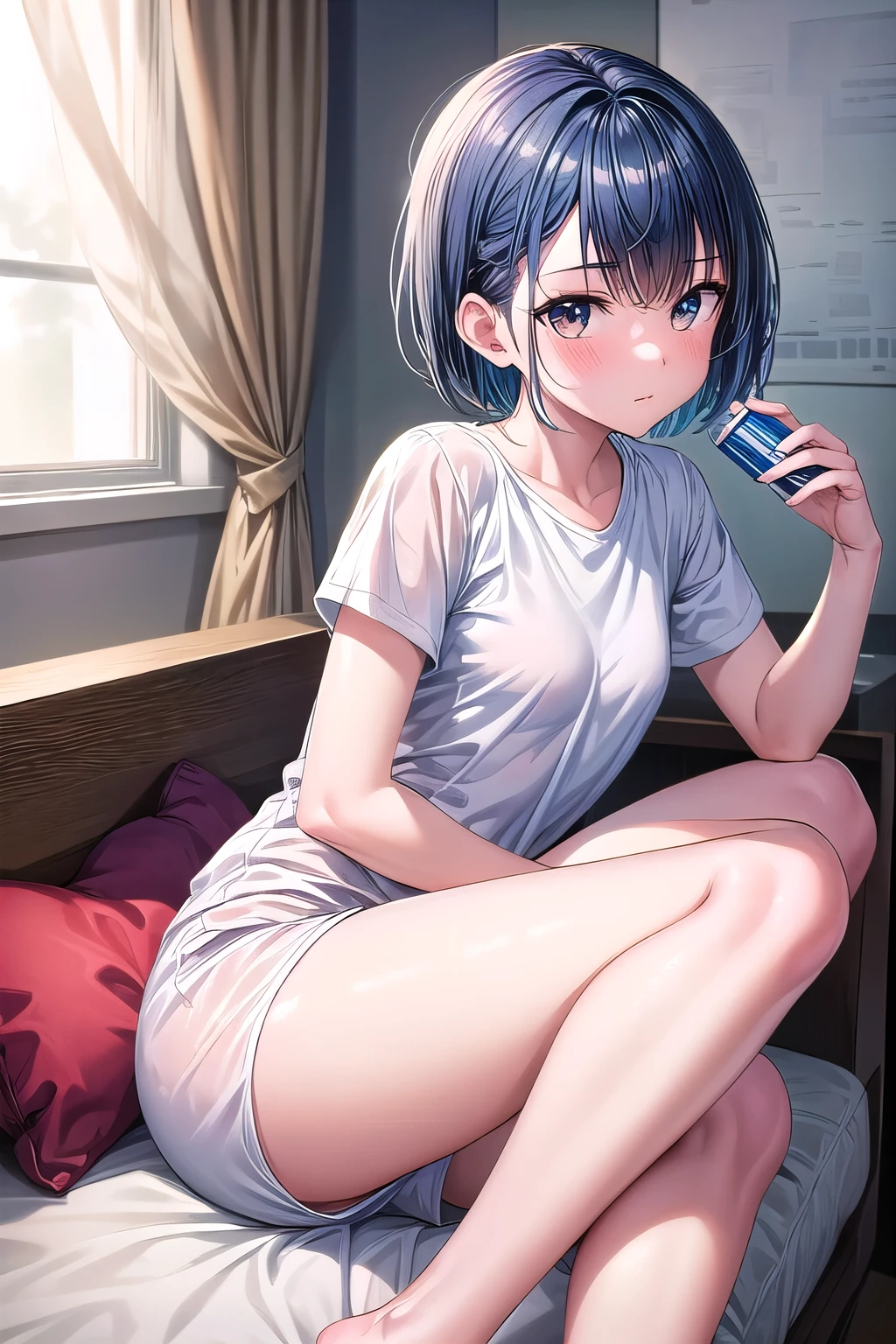 masterpiece, best quality, highres, absurdres, 8k, 4k, official art, 1girl, young girl, bright blue hair, short hair, sitting, small white t-shirt, small white pajamas, small breasts, high school girl, facing viewer, skinny thighs.