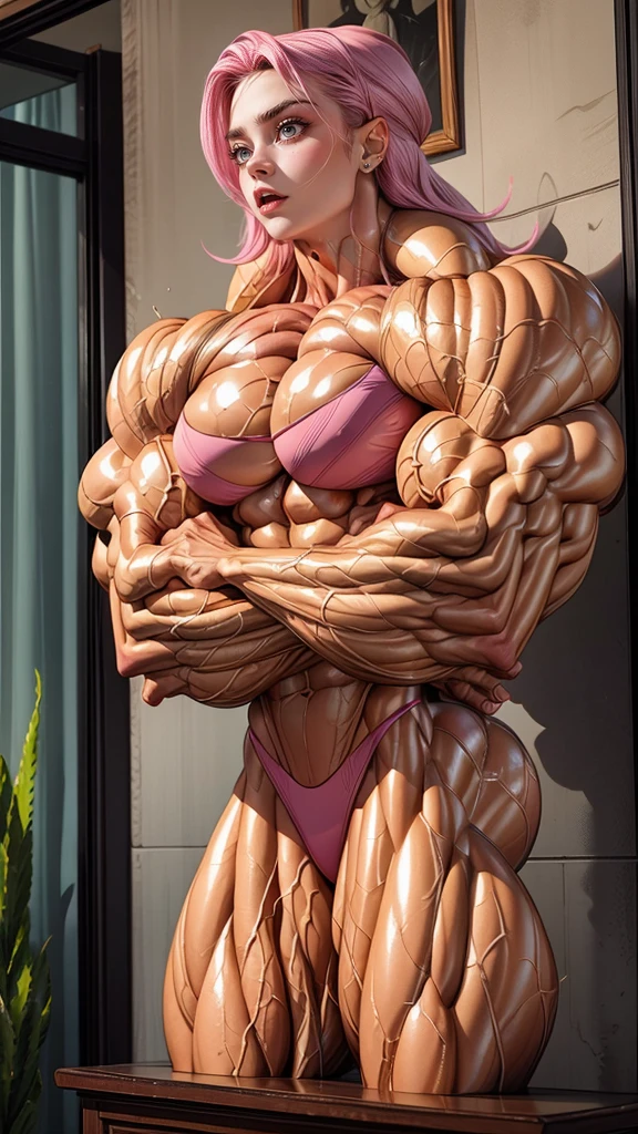 (1 girl), (cara delevingne), young girl, masculine physique, seductive face, seductive look, long pink hair, perfect muscular body, super skinny legs, , wet exposed vaginge muscular arms:1.45),
