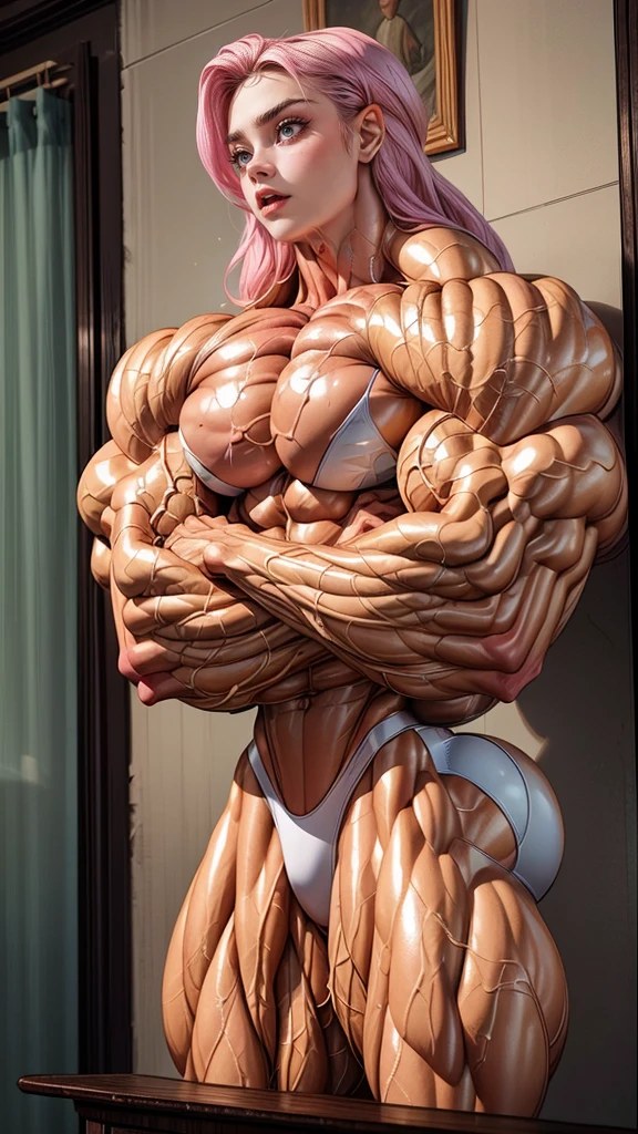 (1 girl), (cara delevingne), young girl, masculine physique, seductive face, seductive look, long pink hair, perfect muscular body, super skinny legs, naked, wet exposed vagina, (huge muscular arms:1.45),