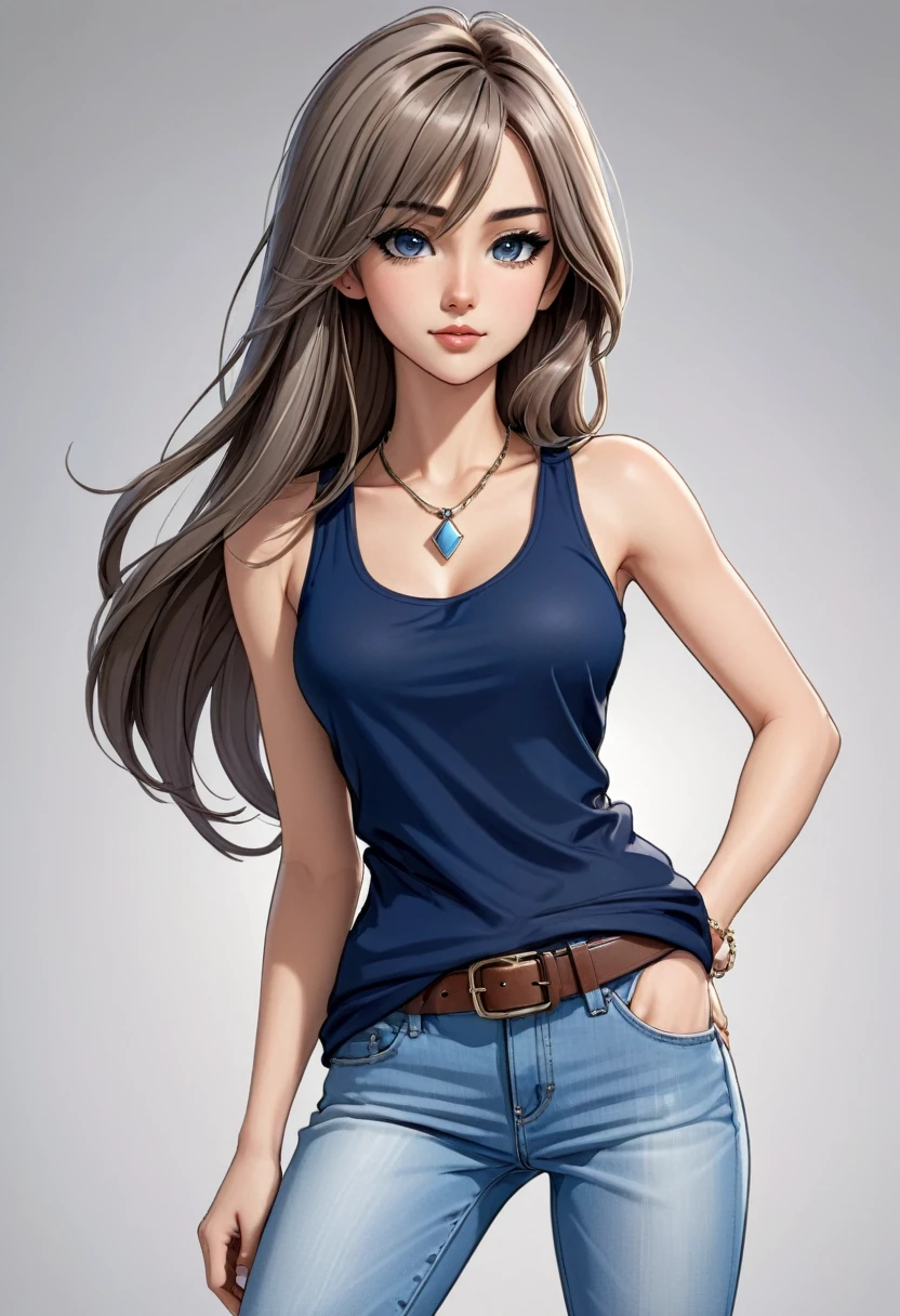 an illustrated character with a manga style. She has long, straight hair with blended gray and light brown tones. Her eyes are large and expressive, with blue irises. She has a  nose and plump lips.The character is wearing navy tank top that accentuates her fit physique. She has on white jeans with a belt, giving her a casual yet stylish look. A small necklace completes her outfit. Her pose conveys confidence, with one hand on her hip and a subtle smirk on her face. fashion-forward young woman character, comic art styles. The background is plain white, keeping the focus solely on the detailed character illustration itself.

