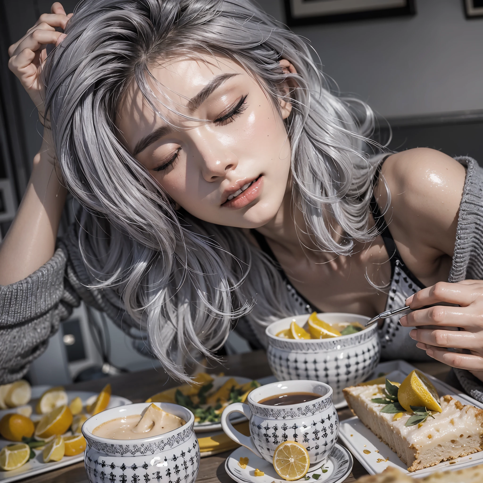 (Realistic, 8k, best quality, masterpiece, ultra-detiled:1.4), (white and black theme:1.4), (Inorganic and nostalgic white lighting:1.4),
//Character
BREAK
1girl, cute ig model, Japanese cute model, 22 years old, Tightened all body, (small head, small face:1.2), small mouth, diamond Face, small nose, Sharp Faceline, big eyes, dropy eyes, Double eyelid, Glossy eyes, Shiny eyes, Shiny skin, shiny hair, happy, smile, Teeth, Glossy Lips, beautiful Teeth, perfect beautiful fingers and legs, (gray hair, Closed eyes:1.4),
