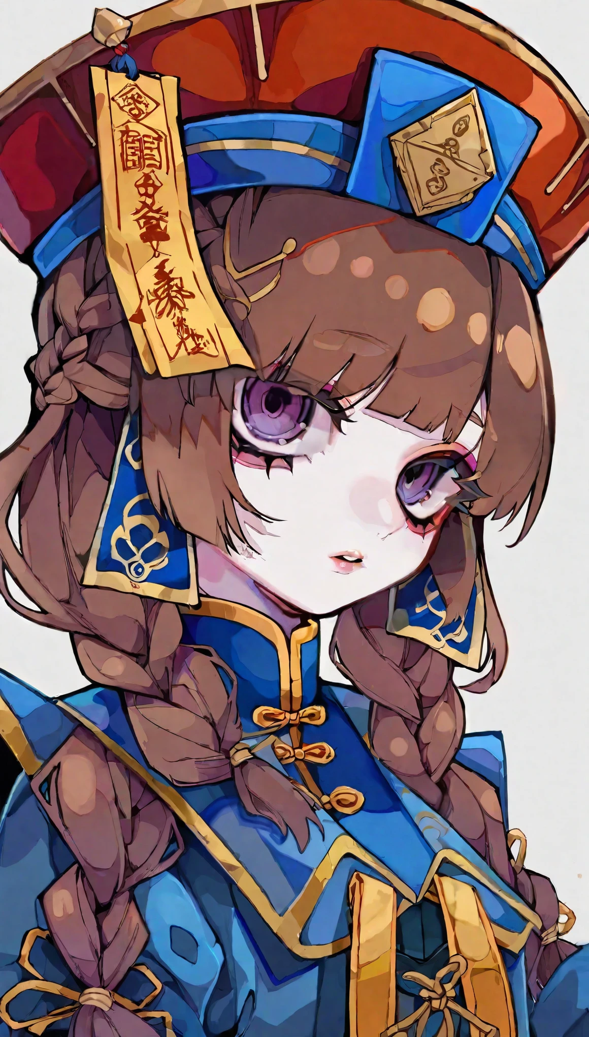 by tira27, solo, 1girl, braid, hat, purple_eyes, jiangshi, twin_braids, looking_at_viewer, simple_background, ofuda, upper_body, qing_guanmao, long_hair, talisman, white_background, brown_hair, chinese_clothes, grey_background, tassel, parted_lips
amazing quality, masterpiece, best quality, absurdres, beautiful, detailed shadow, aesthetic,