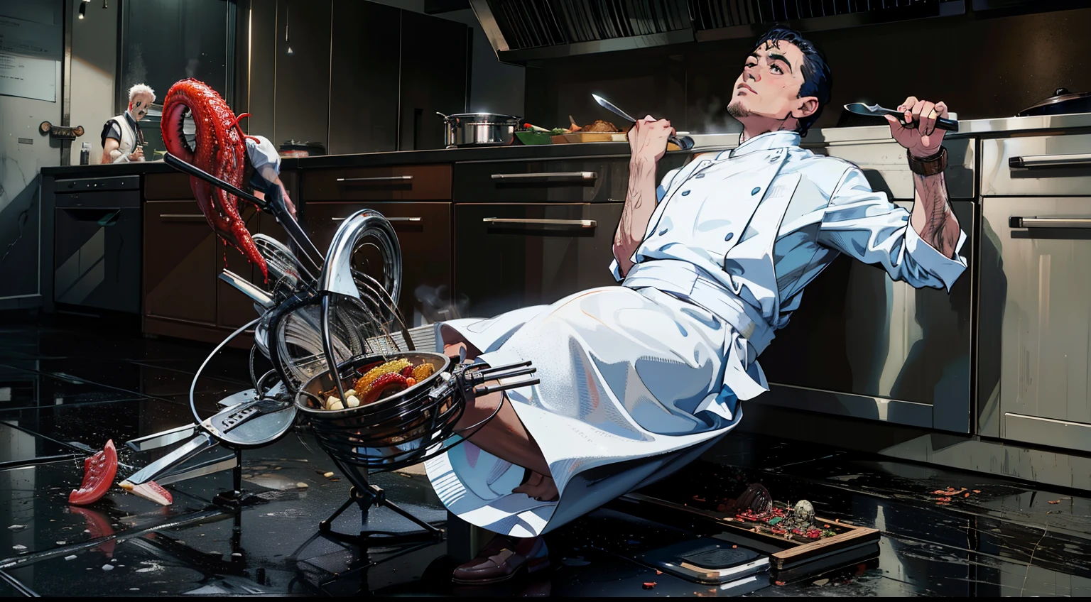 arafed man in a kitchen with a knife and a bunch of wires, michelin star photography, culinary art photography, inspired by Martin Schoeller, as chefs inside cthulhu, magnum award winning photograph, fine dining, commercial shot, steven klein, by Meredith Dillman, advertising photo, hyperrealism photography, best chef, award winning horror photography, promo image