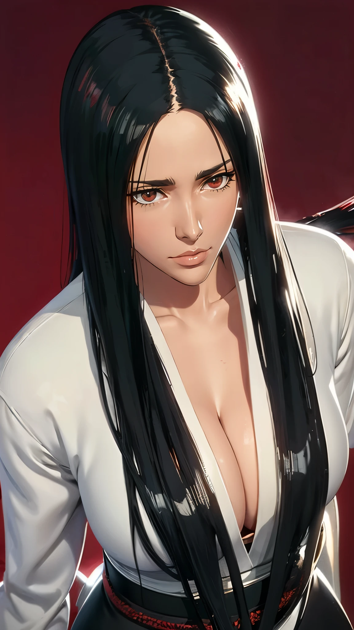 （（（完美figure，figure，black Japanese clothing,feather woven, （（（bleach，（（（Scars on the chest）））, red eyes,unohana））），S型figure:1.7））），((masterpiece)),high resolution, ((Best quality at best))，masterpiece，quality，Best quality，（（（ Exquisite facial features，looking at the audience,There is light in the eyes，Happy，***********nterlacing of light and shadow，huge ））），（（（looking into camera，fighting stance，red background，Blood，from above，looking down，look up）））