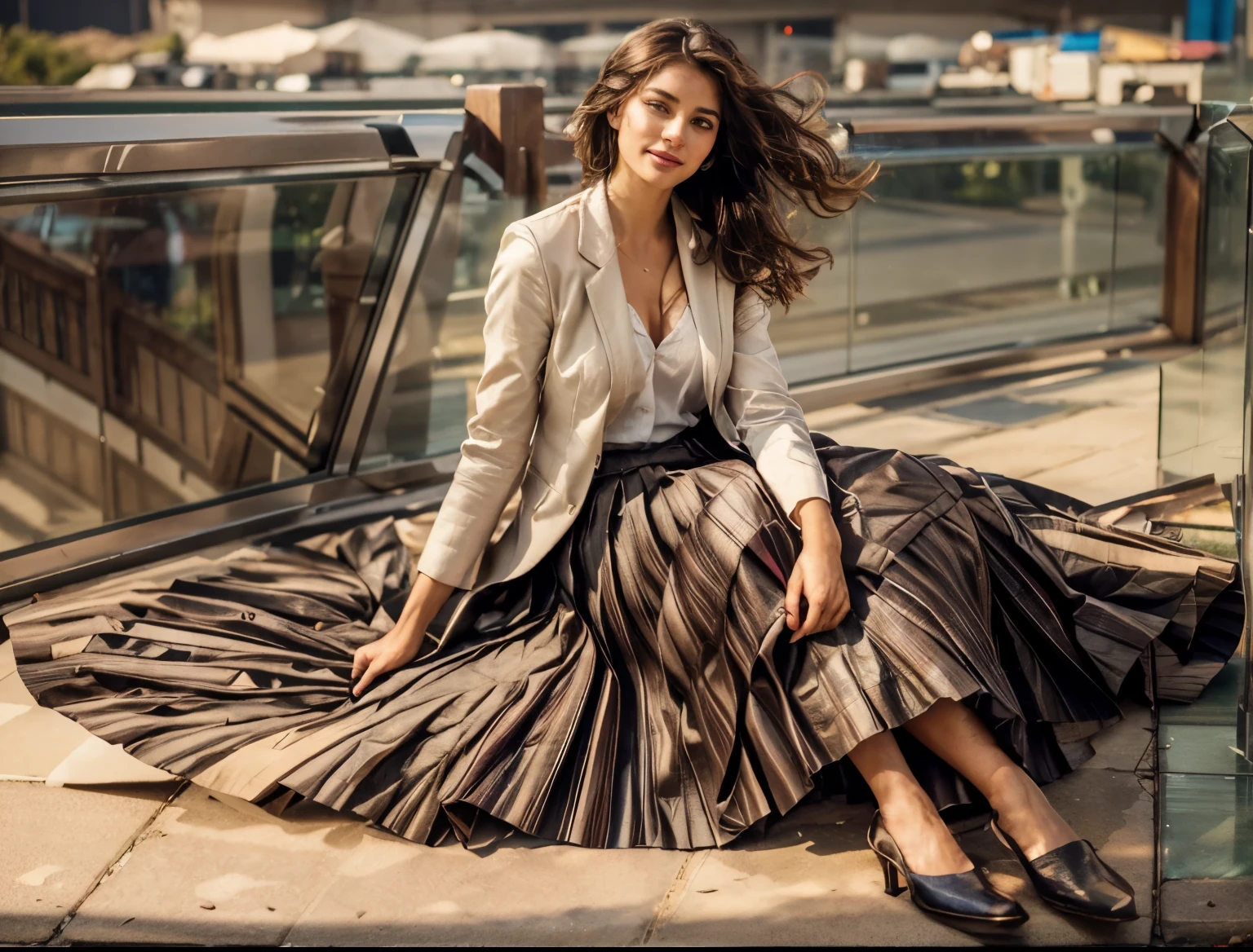 A smiling, authentic, (shy:1,3), kind, beautiful woman, is passionately in love with her skirt, sitting down on the ground while wind lifts her skirt, wearing short blazer and very, very detailed (long (fully pleated) full circle skirt) and (low heeled court shoes), very, very intricate hyper-detailed symmetric (attractive graceful young feminine face) with (sad, tired eyes and a loving smile), very voluptuous breasts, full of empathy and compassion and love, (pronounced (feminine) features), (highly detailed ultra accurate realistic) hands and fingers, (windy), epic composition, highly detailed attributes, (35mm f1.4 Kodak portra 400 photograph), extremely high quality RAW photograph, highly detailed atmosphere, sci-fi, cinematic shot, dynamic lighting, 75mm, Technicolor, Panavision, cinemascope, sharp focus, fine details, 8k, HDR, realism, realistic, key visual, film still, superb cinematic color grading, depth of field