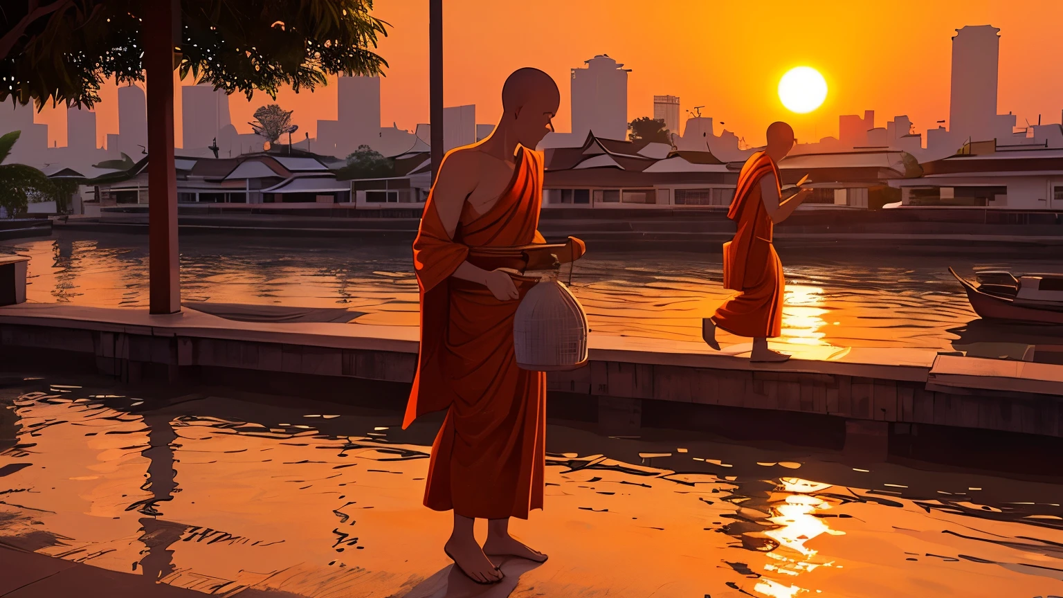 Illustrate a day in the life of Bangkok, starting with monks receiving alms in the early morning
and concluding with a stunning sunset.