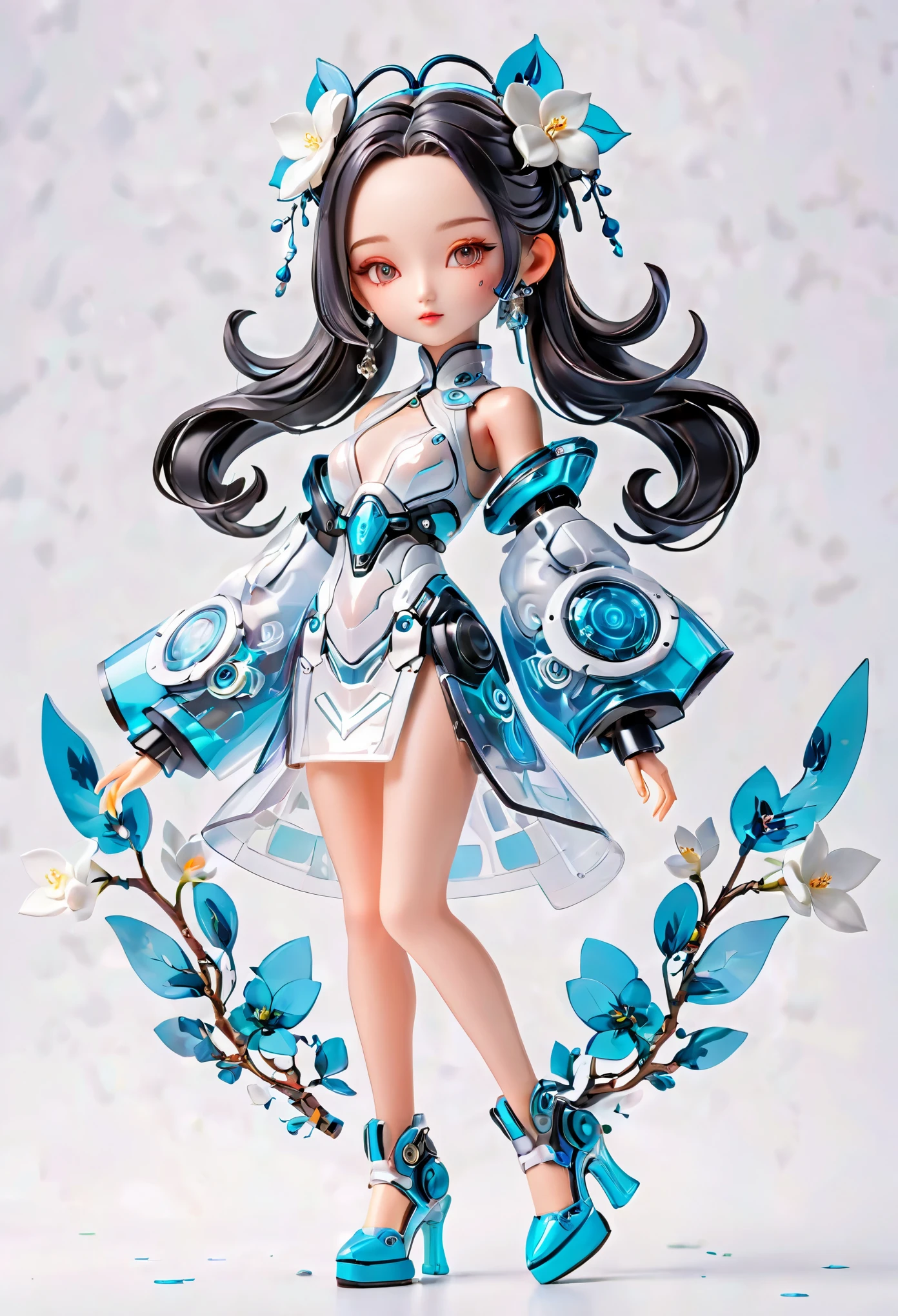 (Blind Box Spielzeug Stil:1.2),full body, solo,white background,(The future of robotic female robots，Beautiful girl face ,white Jasmine Transparency dress, high heels),(Oriental elements, Chinese color,Very colorful),3D