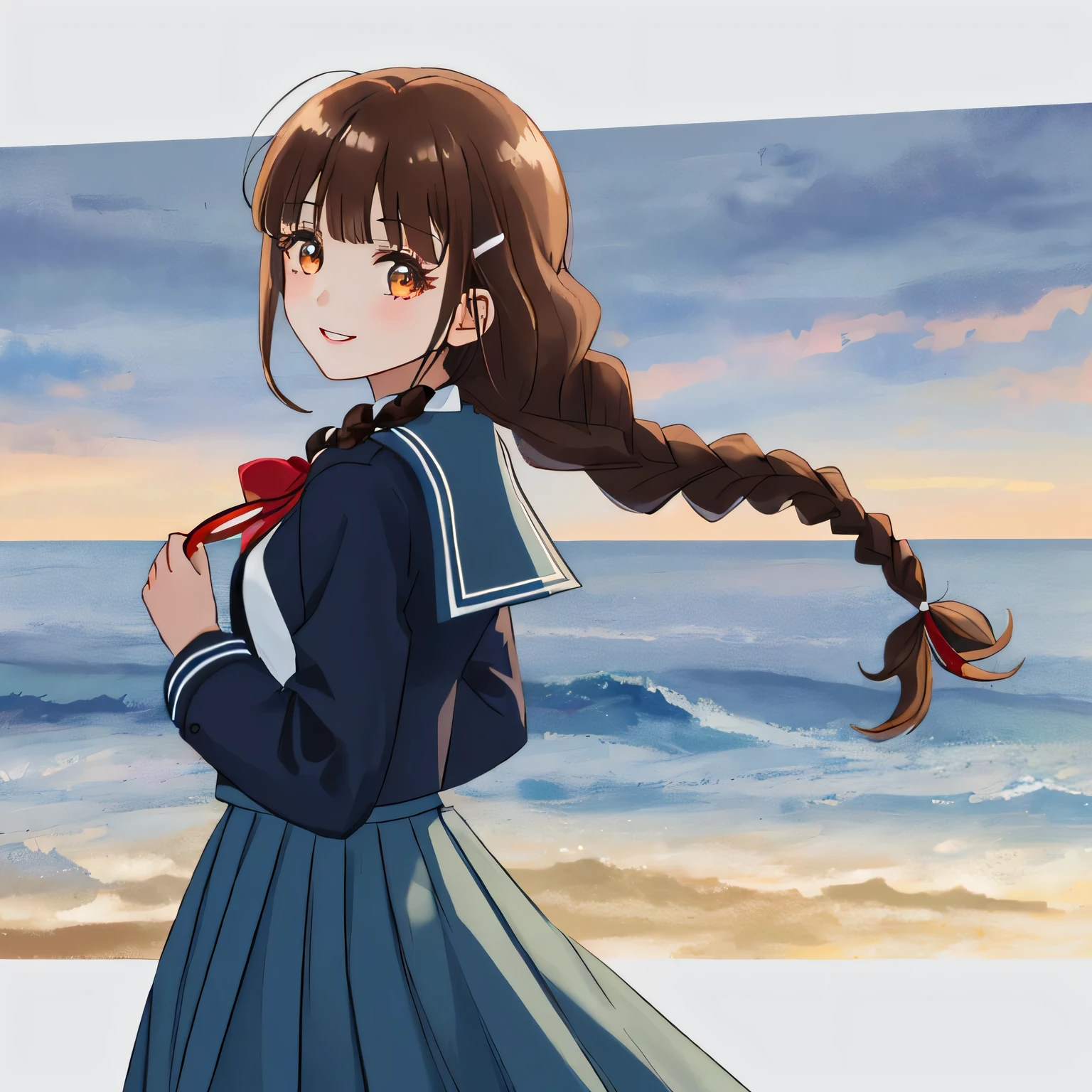 highest quality, (masterpiece:1.2), very detailed, girl looking back at viewer, Glossy lips that make you want to kiss, nice smile, brown eyes, ((dark brown symmetrical braids)), ((Twin braided hair)) , , big shiny hair clip, sailor suit, 紺色のsailor suit, ((The jacket is dark blue)), The skirt is also dark blue, middle long skirt, ((red big shiny school ribbon tie.)), laughter、bright look、Both face and hair catch the light and shine, I'm very happy, The expression of a cute maiden in love, beautiful long skirt fabric., cute expression, double eyelid, ((Long eyelashes and long lower eyelashes)), pure white background, The wind is blowing, Photographed from behind diagonally