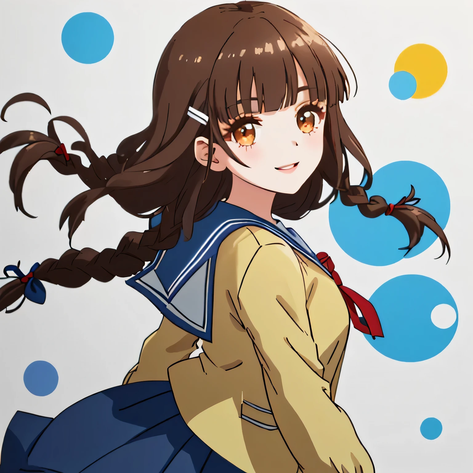 highest quality, (masterpiece:1.2), very detailed, girl looking back at viewer, Glossy lips that make you want to kiss, nice smile, brown eyes, ((dark brown symmetrical braids)), ((Twin braided hair)) , , big shiny hair clip, sailor suit, 紺色のsailor suit, ((The jacket is dark blue)), The skirt is also dark blue, middle long skirt, ((red big shiny school ribbon tie.)), laughter、bright look、Both face and hair catch the light and shine, I'm very happy, The expression of a cute maiden in love, beautiful long skirt fabric., cute expression, double eyelid, ((Long eyelashes and long lower eyelashes)), pure white background, The wind is blowing, Photographed from behind diagonally