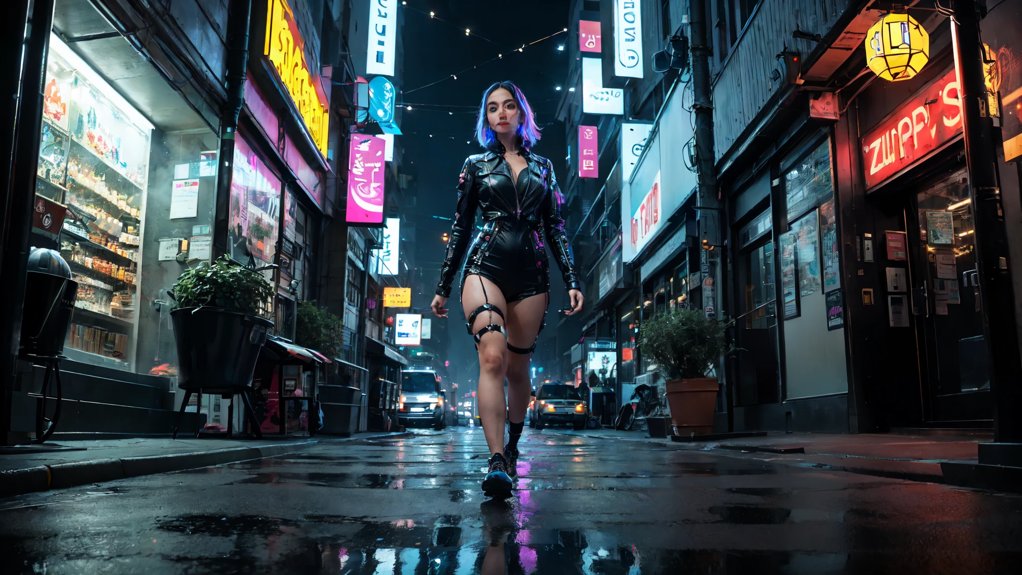 (best quality, 4k, 8k, highres, masterpiece:1.2), ultra-detailed, (realistic, photorealistic, photo-realistic:1.37), woman-robot in the big city, metallic skin, tall slender build, glistening eyes and lips, glowing from within, sleek and futuristic design, walking confidently amidst the bustling crowd, reflective surface in the neon lights, high-tech gadgets integrated into her body, exuding an air of elegance and power, stunningly realistic details, sharp focus on every intricate feature, dimly lit alleyways with flickering lights, street signs in multiple languages, blurry figures passing by in a hurry, holographic advertisements illuminating the surroundings, dazzling colors blending with the night sky, contrasting shadows and highlights, urban architecture reaching towards the sky, looming skyscrapers creating an awe-inspiring backdrop, futuristic vehicles zooming past with streaks of light, trails of vibrant energy following their path, smoke rising from the grates on the ground, glimmering reflections in the rainy streets, the sound of distant conversations and laughter echoing in the air, the rhythmic hum of the city's energy pulsating through her circuits.
