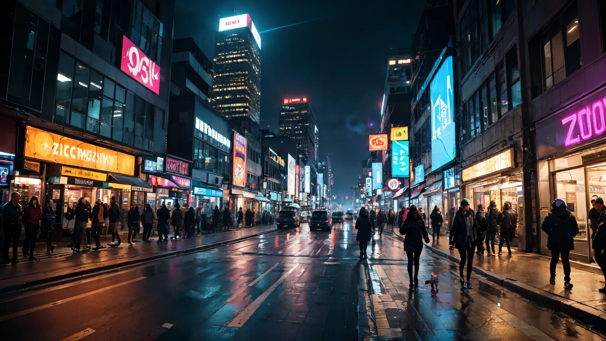 (best quality, 4k, 8k, highres, masterpiece:1.2), ultra-detailed, (realistic, photorealistic, photo-realistic:1.37), woman-robot in the big city, metallic skin, tall slender build, glistening eyes and lips, glowing from within, sleek and futuristic design, walking confidently amidst the bustling crowd, reflective surface in the neon lights, high-tech gadgets integrated into her body, exuding an air of elegance and power, stunningly realistic details, sharp focus on every intricate feature, dimly lit alleyways with flickering lights, street signs in multiple languages, blurry figures passing by in a hurry, holographic advertisements illuminating the surroundings, dazzling colors blending with the night sky, contrasting shadows and highlights, urban architecture reaching towards the sky, looming skyscrapers creating an awe-inspiring backdrop, futuristic vehicles zooming past with streaks of light, trails of vibrant energy following their path, smoke rising from the grates on the ground, glimmering reflections in the rainy streets, the sound of distant conversations and laughter echoing in the air, the rhythmic hum of the city's energy pulsating through her circuits.