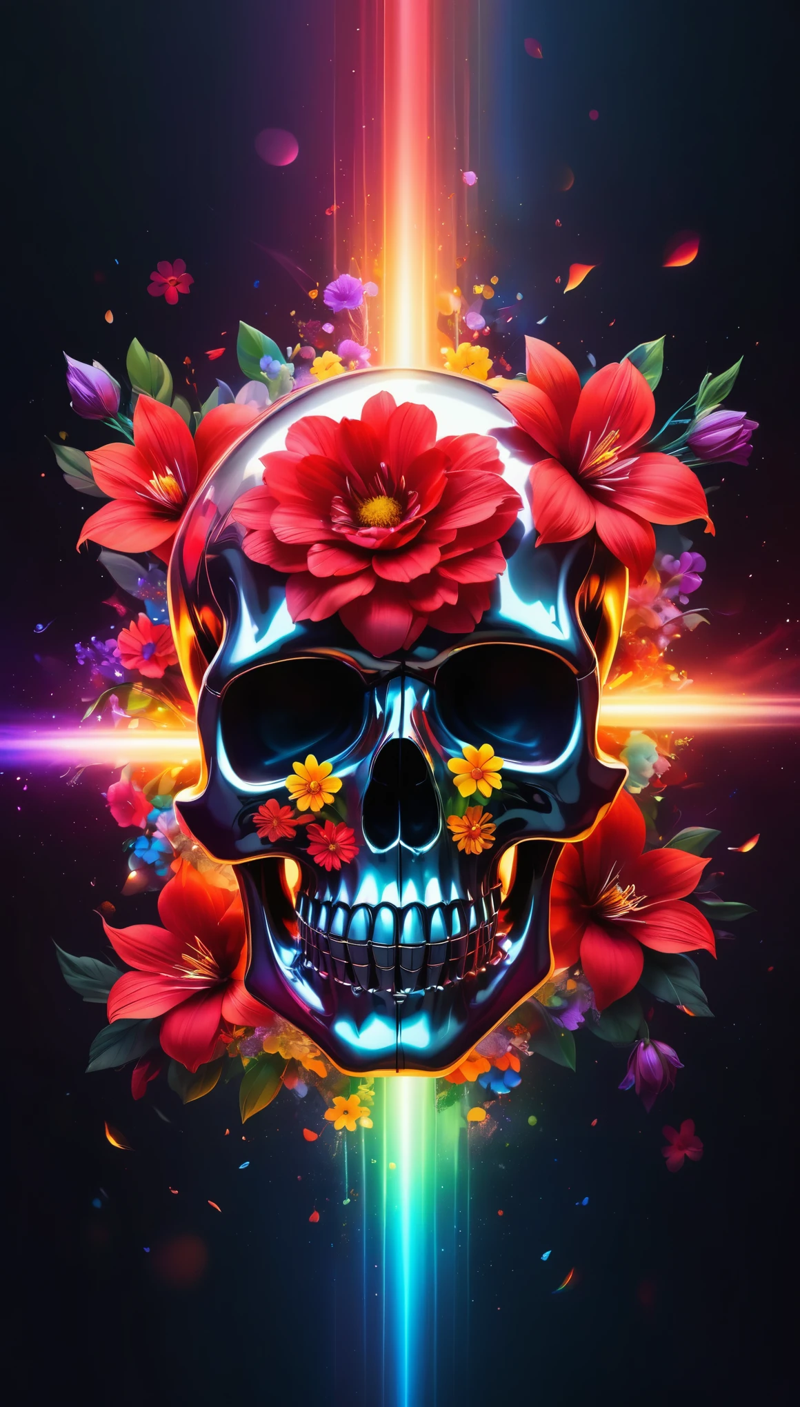 pixelated style,(glowing red,cross-shaped glow,blooming flowers)),interstellar misty background,polished,((silver skull)),light composition,rainbow,rainbow around the skull,vibrant,various structural power effect illustrations,glorious circular composition,alone,gbaportrait，magical decorative elements, brilliant decoration combinations,