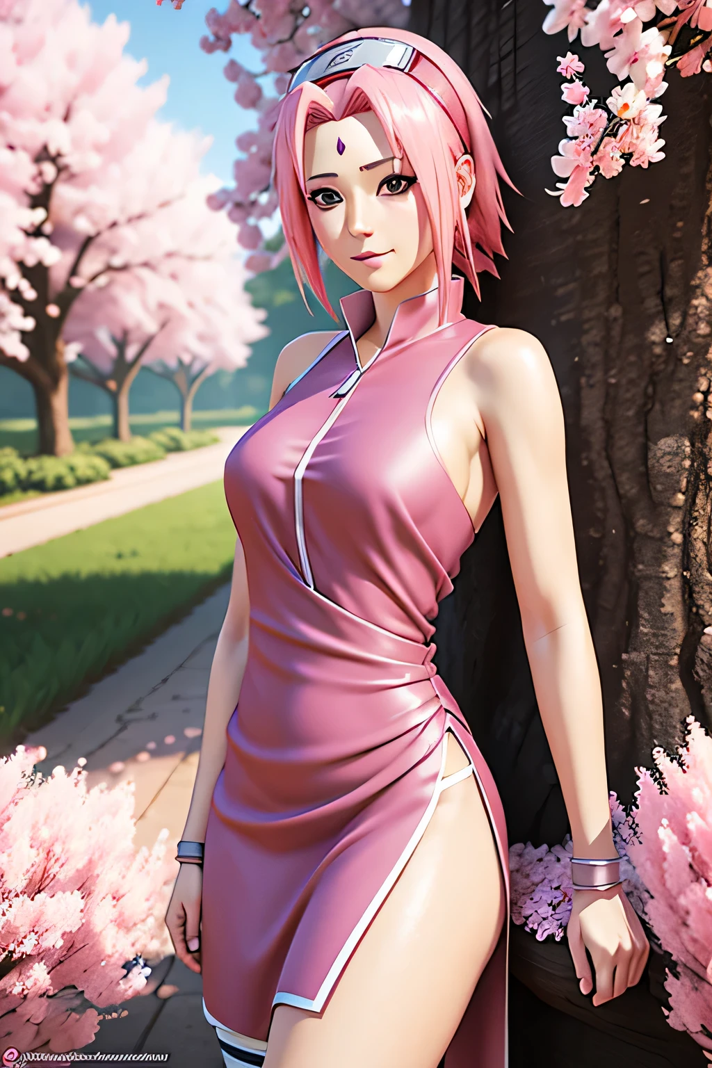 Sakura Haruno from Naruto in spring clothes in a dress half naked with head protection high detail excellent graphics detailed detailed art anime 3D