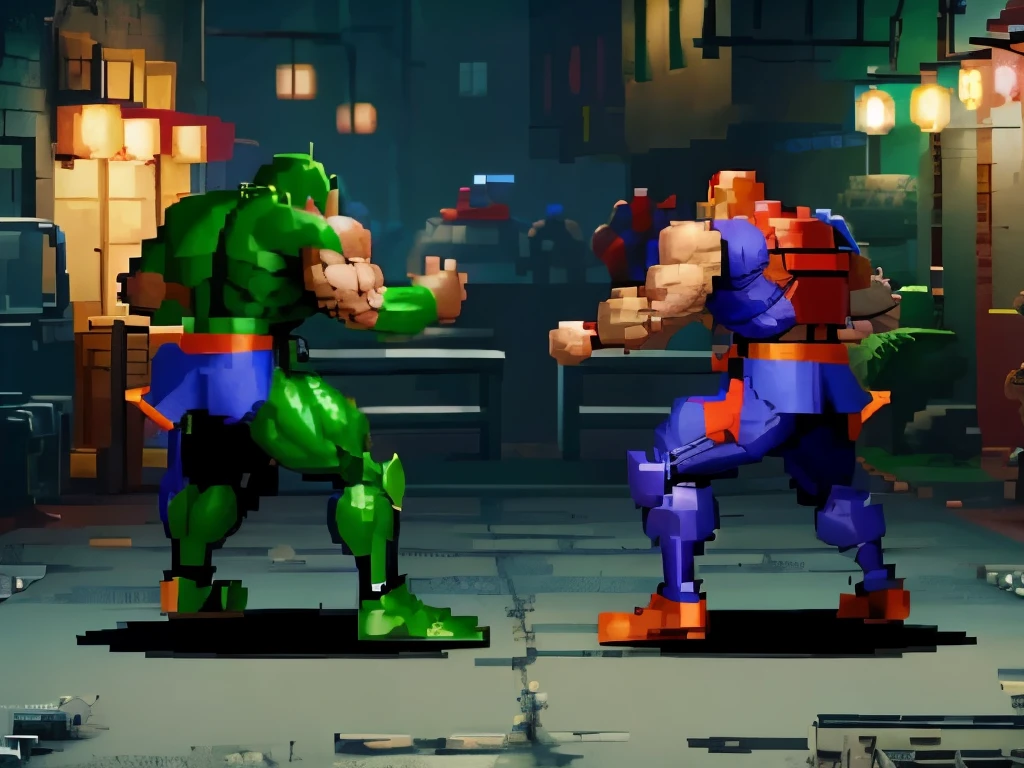 Old computer game, 2 person fighting each other, shot, view of hero fighting with bad boss, duel, final showdown, adventure, arcade, scene of final fight with the big boss, final fight, game's hero fight with game's bad boss, karate punches, jumping kick, big boss is big green monster, side view, 2d, retro game, 8 bit, 16 bit,