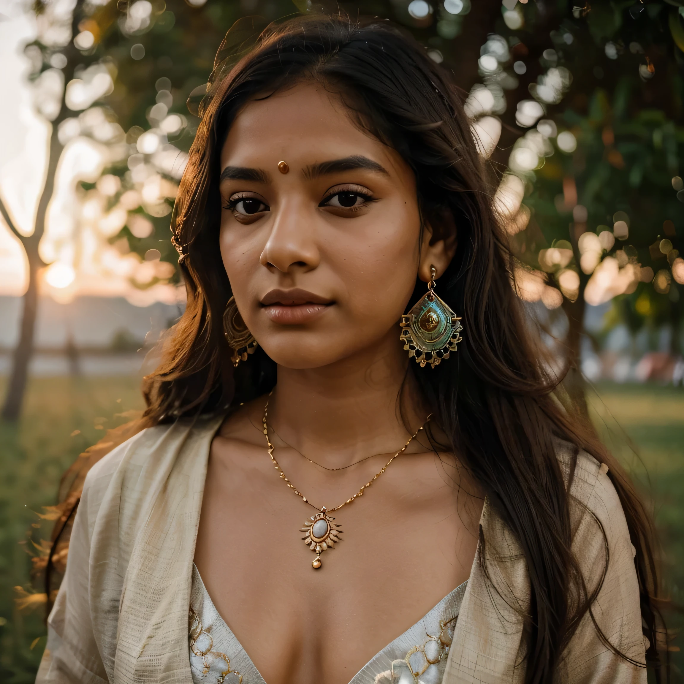 1 indian girl, blurry background, depth of field, earrings, hair over one eye, jewelry, lips, long hair, necklace, ring, solo, sunlight, sunset, golden hours, tree, upper body, , (extremely symmetrical perfect face), long shot