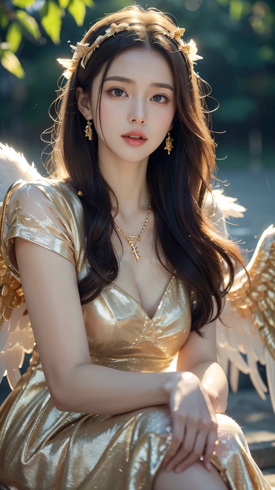 8k ultra hd, masterpiece, a girl, (good face:1.4), detailed, eyes, beautiful lips, very long hair, spreading hair, small breasts, (angel dress:1.5), (golden dress:1.5), necklace, wings, in the park, flying birds, (glowing:1.5), rainy weather, sitting,